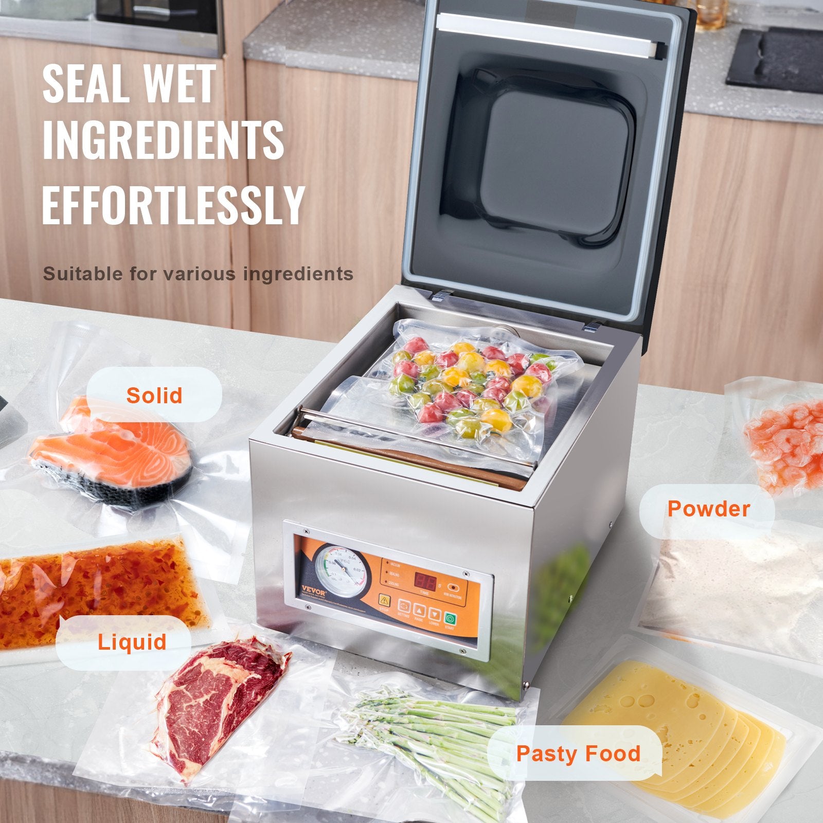 Chamber Vacuum Sealer, 260W Sealing Power, Vacuum Packing Machine for Wet Foods, Meats, Marinades and More, Compact Size with 260 mm Sealing Length, Applied in Home Kitchen and Commercial Use