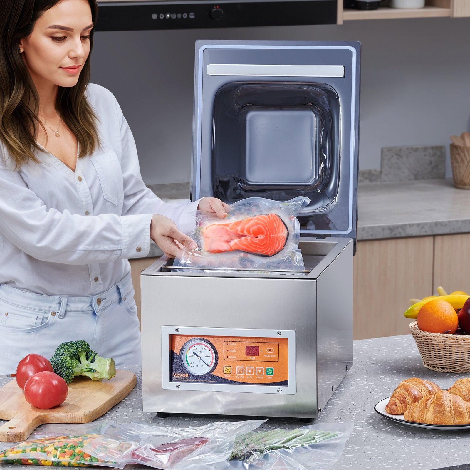 Chamber Vacuum Sealer, 260W Sealing Power, Vacuum Packing Machine for Wet Foods, Meats, Marinades and More, Compact Size with 260 mm Sealing Length, Applied in Home Kitchen and Commercial Use