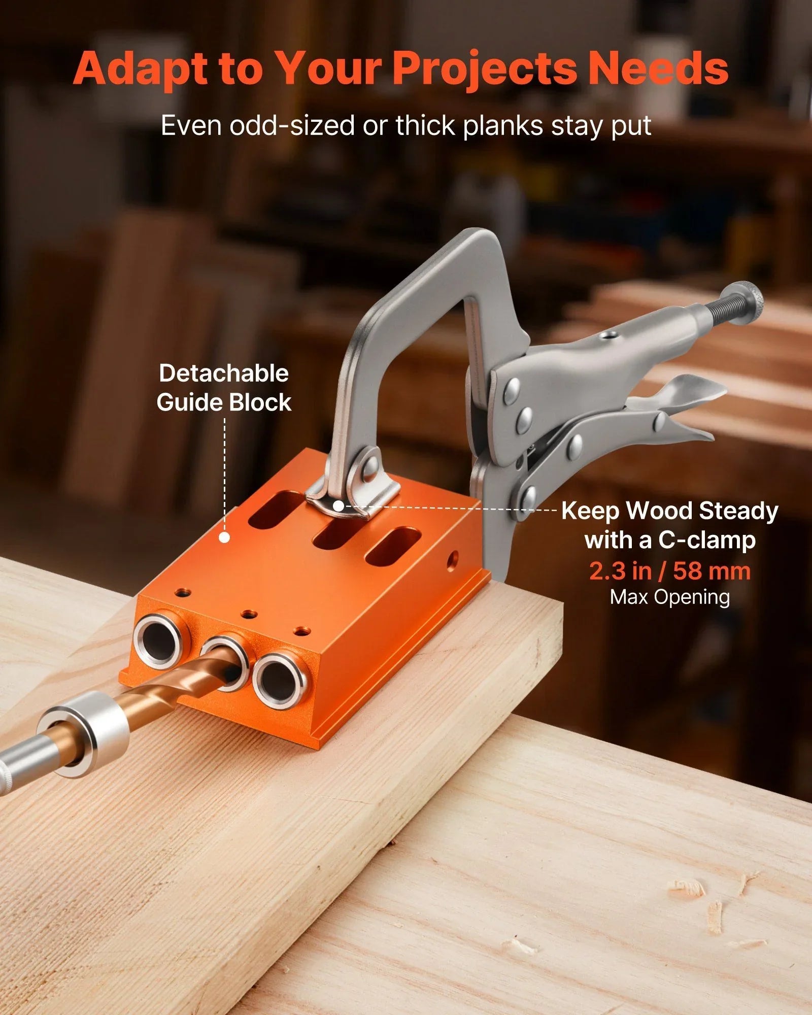 Pocket Hole Jig Kit, 12.7 to 38.1 mm Adjustable, Jig Pocket Hole System with Toolcase, C-Clamp, Step Drill, Hex Wrench, Drill Stop Ring, Square Drive Bit, Reinforced Metal Frame, for Woodworking
