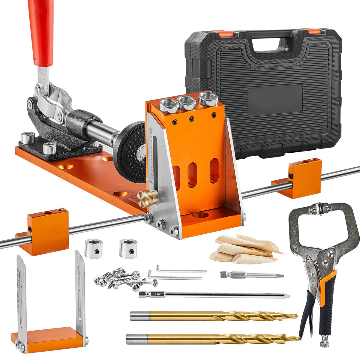 Pocket Hole Jig Kit, 34 Pcs Pocket Hole Jig System with C-clamp, Fixture, Step Drills, Wrenches, Drill Stop Rings, Square Drive Bits, Toolbox, for DIY Carpentry Projects, Adjustable