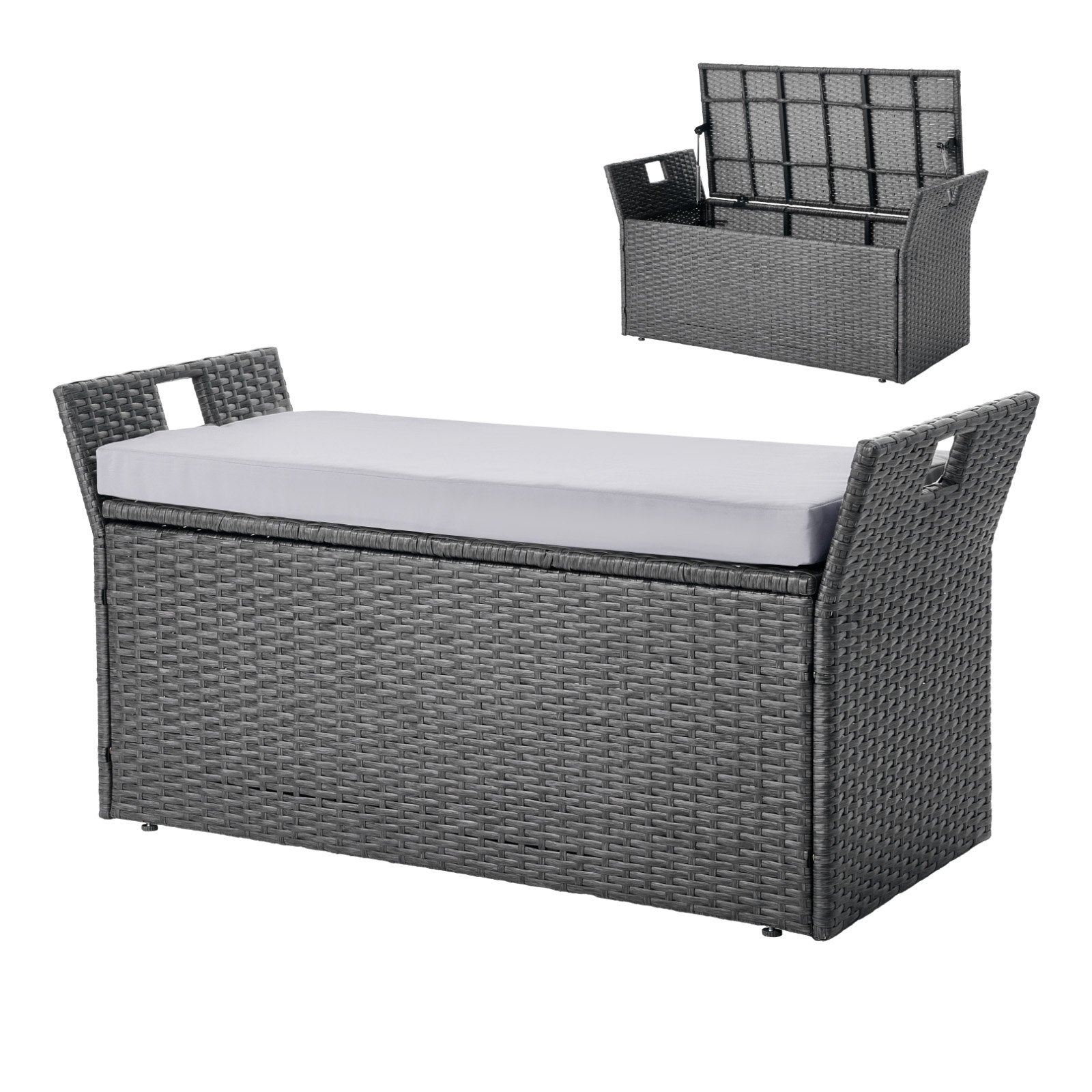 Outdoor Storage Bench, 2-Person PE Rattan Storage Bench, 151L Deck Box with Cushion & Side Handle, Supports up to 181kg, Weatherproof Outdoor Seating & Porch Decor for Patio Garden Balcony