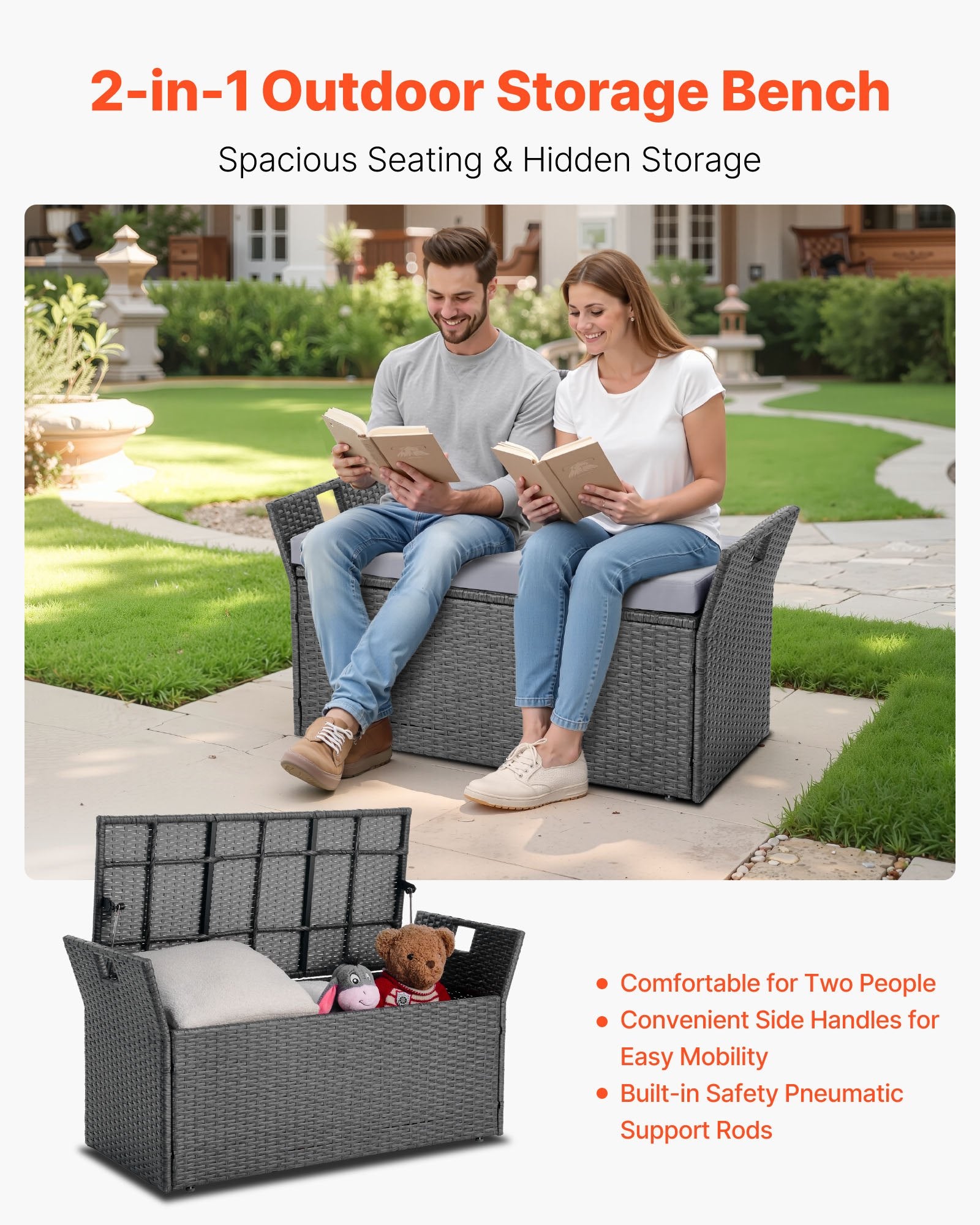 Outdoor Storage Bench, 2-Person PE Rattan Storage Bench, 151L Deck Box with Cushion & Side Handle, Supports up to 181kg, Weatherproof Outdoor Seating & Porch Decor for Patio Garden Balcony