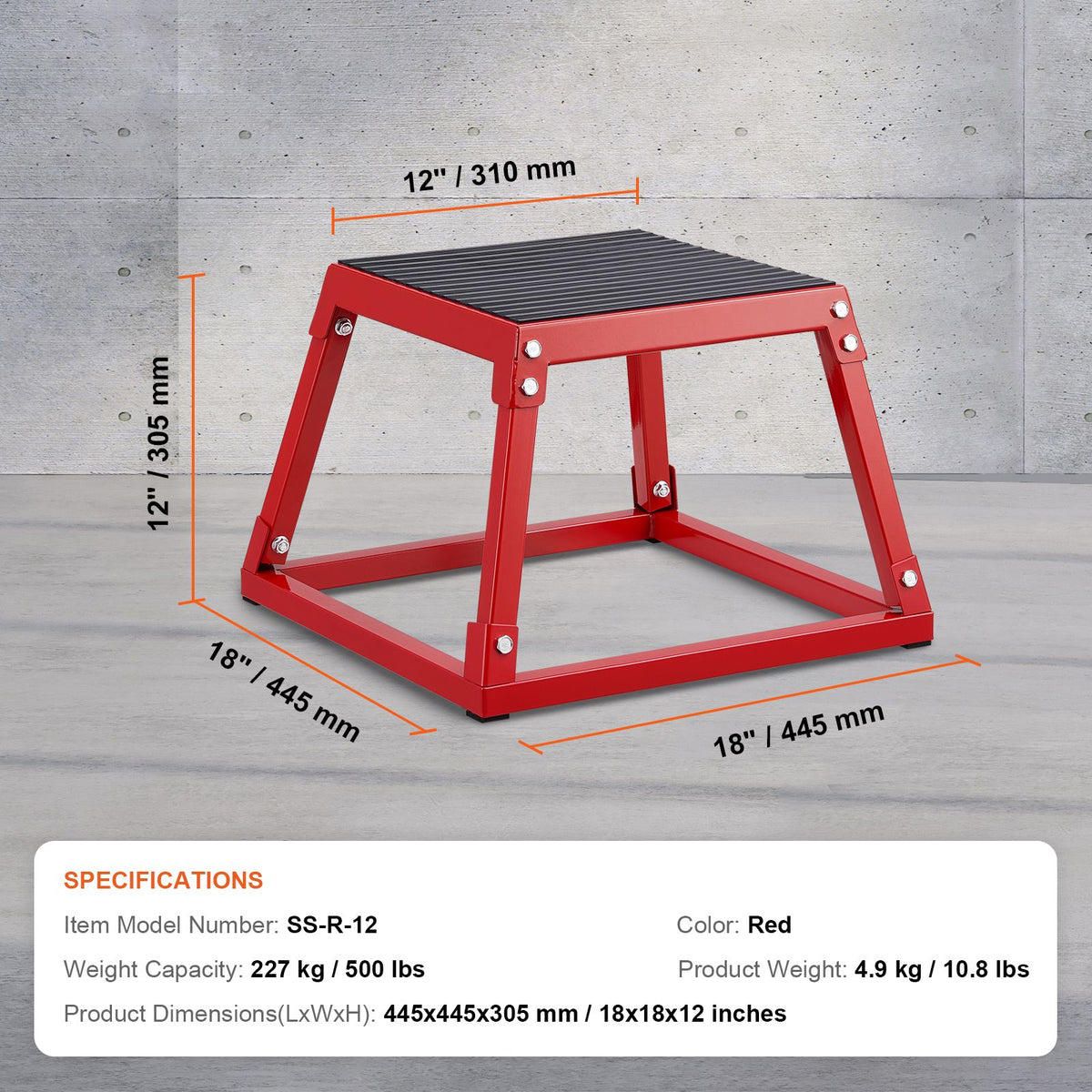 12 Inch Steel Plyometric Jump Box Anti-Slip Fitness Step Platform Red