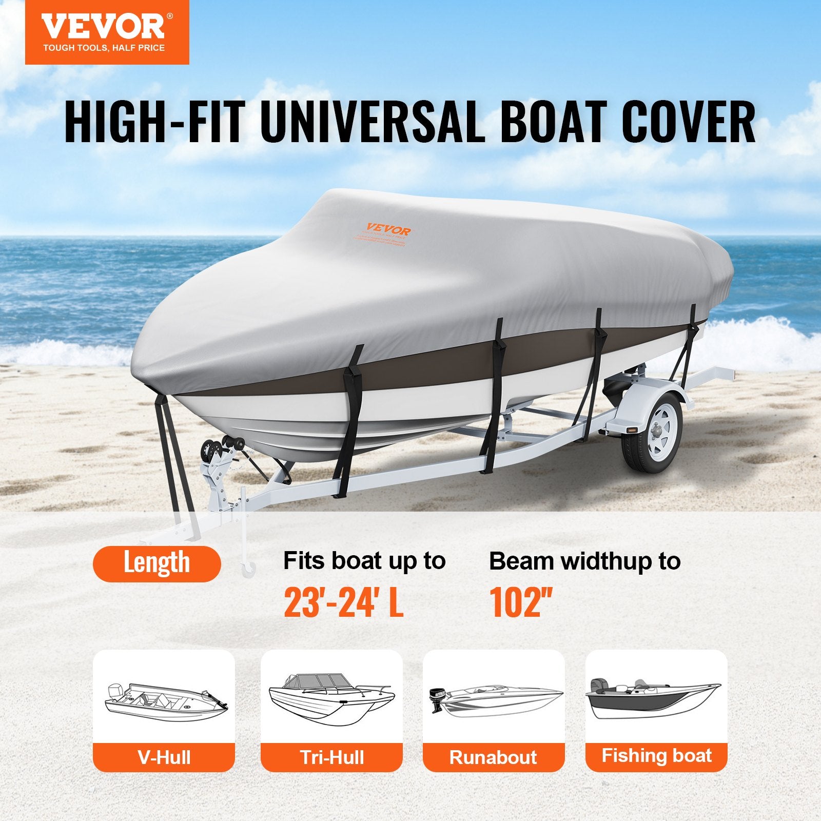 VEVOR Boat Cover 600D Waterproof 23-24 ft Boat Cover V-Hull Tri-Hull Runabout