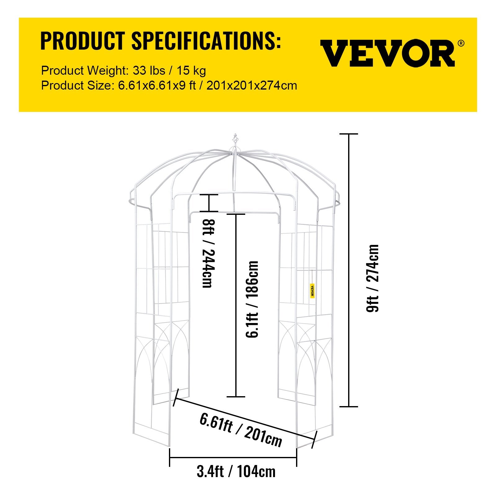 Birdcage Shape Garden Arbor, 9\' High x 6.6\' Wide, Heavy Duty Wrought Iron Arbor, Wedding Arch Trellis for Climbing Vines in Outdoor Garden, Lawn, Backyard, Patio, White