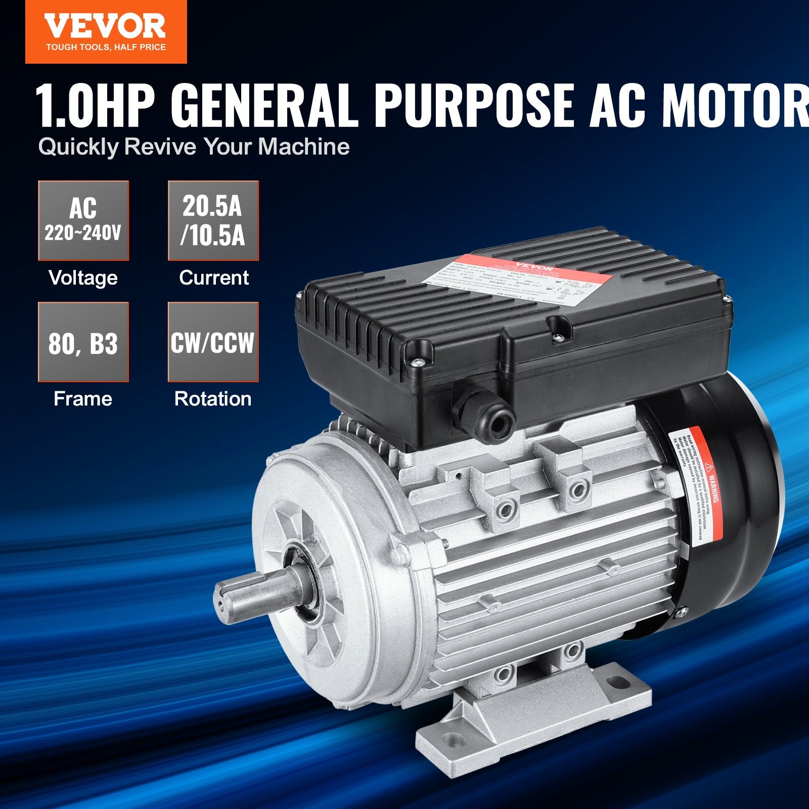 0.75KW Electric Motor 1400 rpm, AC 220~240V 5.45A, 80, B3 Frame, Air Compressor Motor Single Phase, 19mm Keyed Shaft, CW/CCW Rotation for Agricultural Machinery and General Equipment