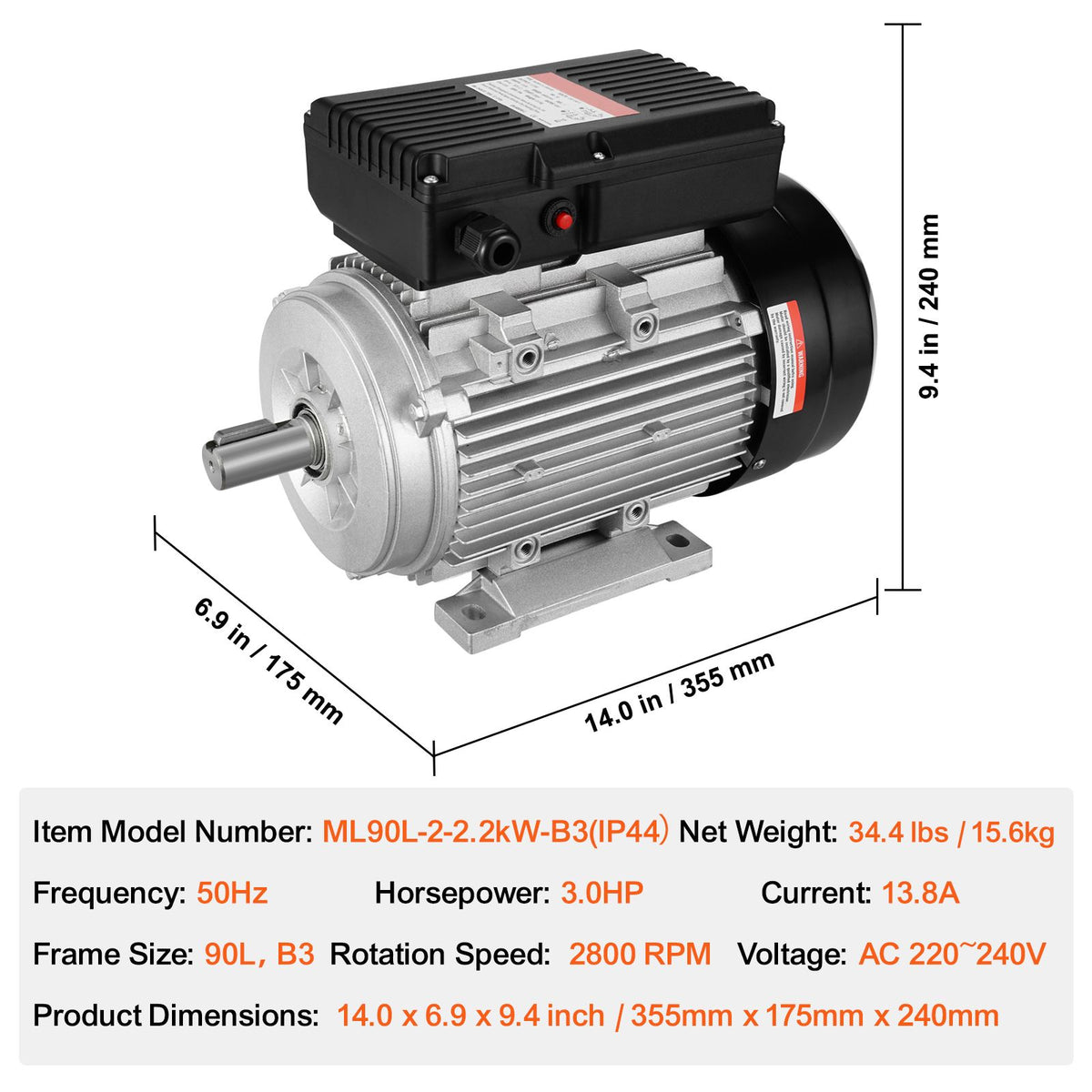 2.2KW Electric Motor 2800RPM Single Phase 90L B3 24mm Shaft