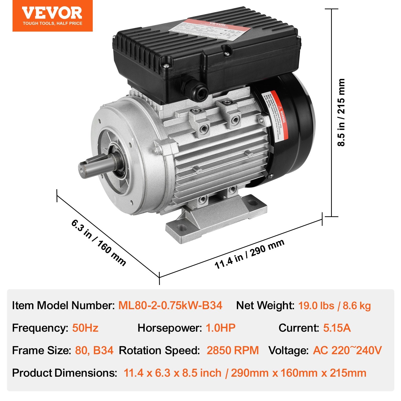 2.2KW Electric Motor 2800 rpm, AC 220~240V 13.8A, 90L, B3 Frame, Air Compressor Motor Single Phase, 24mm Keyed Shaft, CW/CCW Rotation for Agricultural Machinery and General Equipment