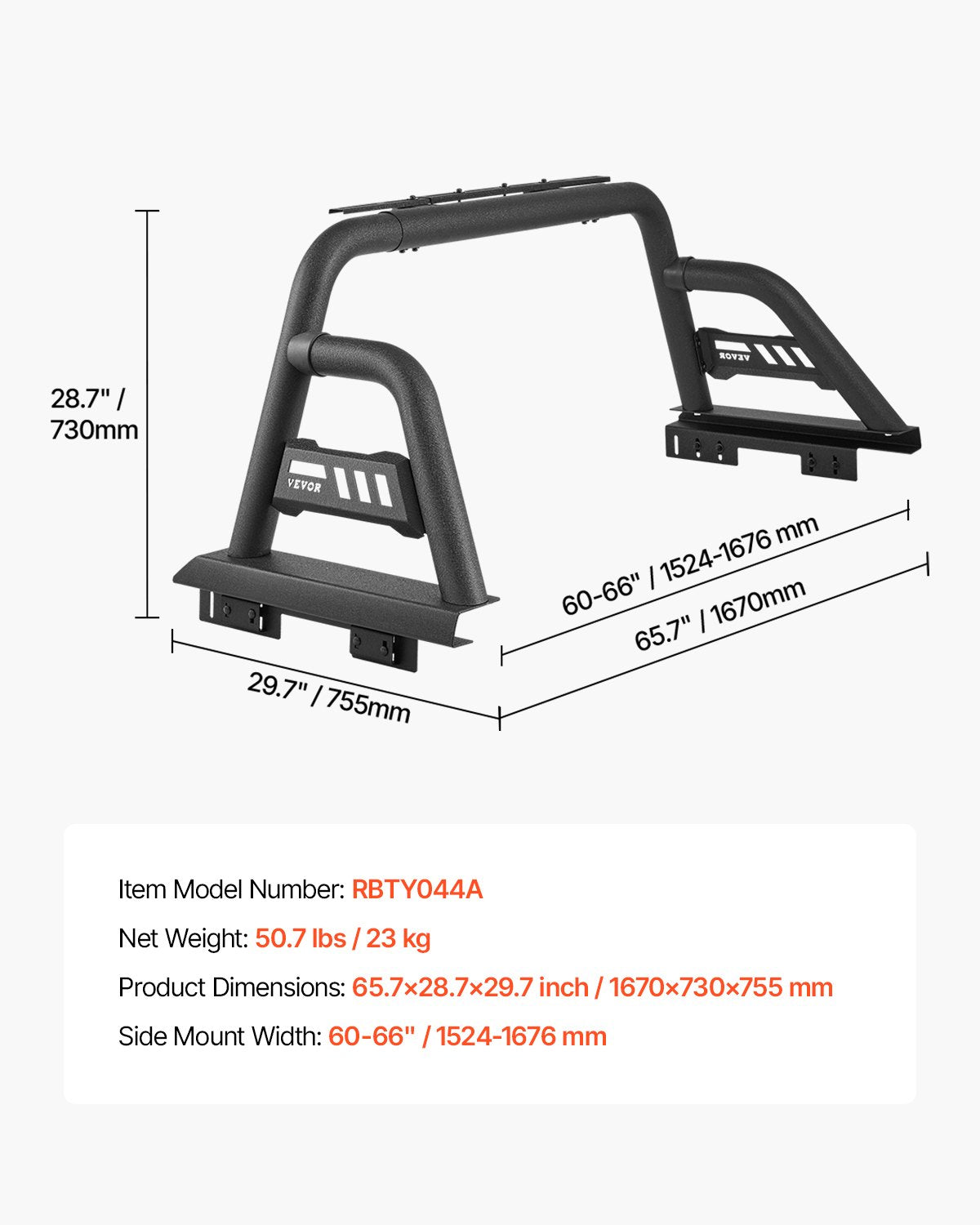 Truck Bed Roll Bar Universal Chase Rack for Full-Size Pickup Carbon Steel