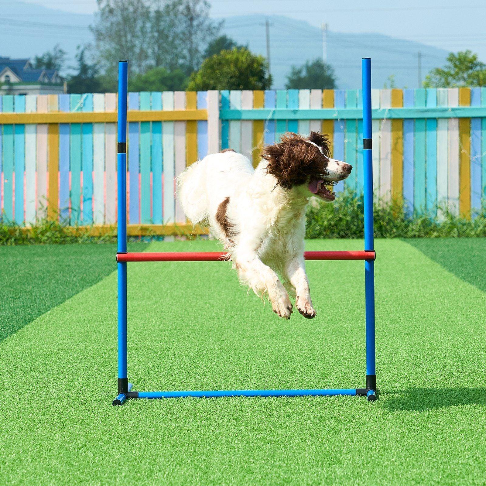 Dog Agility Training Equipment, 4 PCS Set with Adjustable High Hurdles,6 Weave Poles,Jump Ring,Square Pause Box,Whistle,Foldable Bowl, Puppy Obstacle Course Kit for Backyard, Indoor, Outdoor