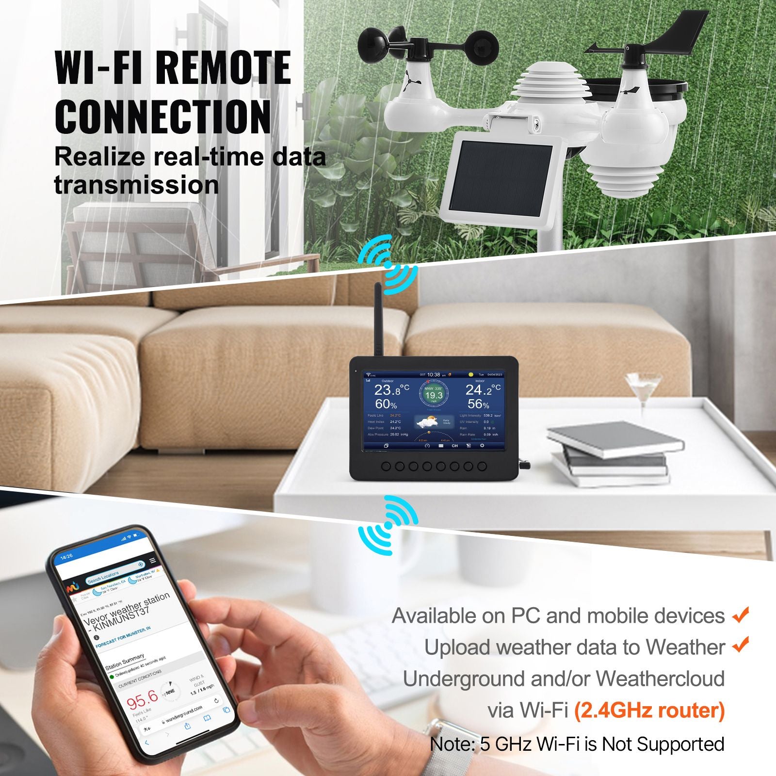 7-in-1 Wi-Fi Weather Station 177.8 mm TFT Display Wireless Outdoor Sensor