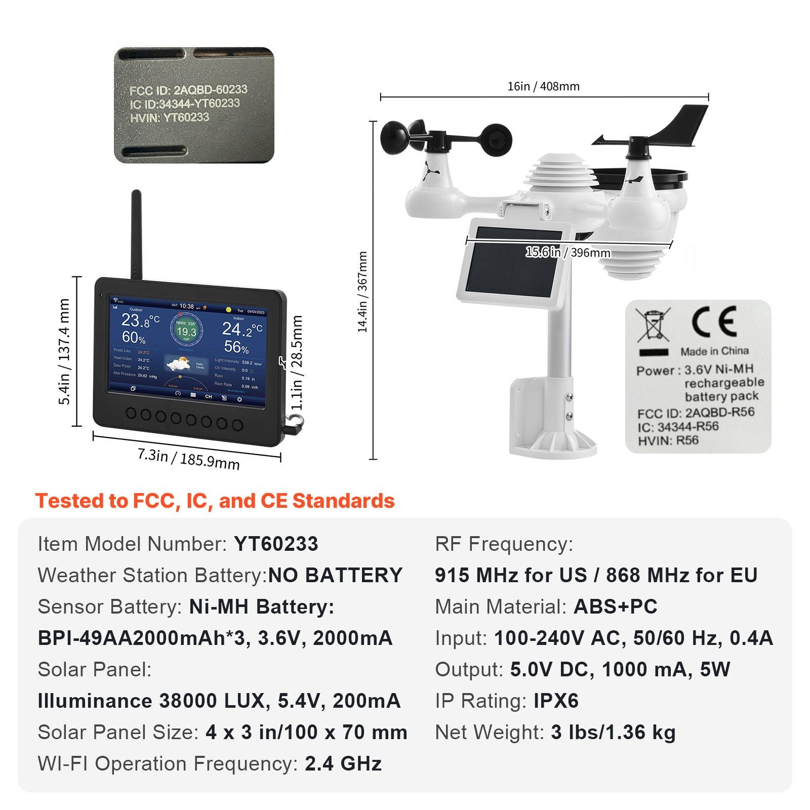 7-in-1 Wi-Fi Weather Station 177.8 mm TFT Display Wireless Outdoor Sensor