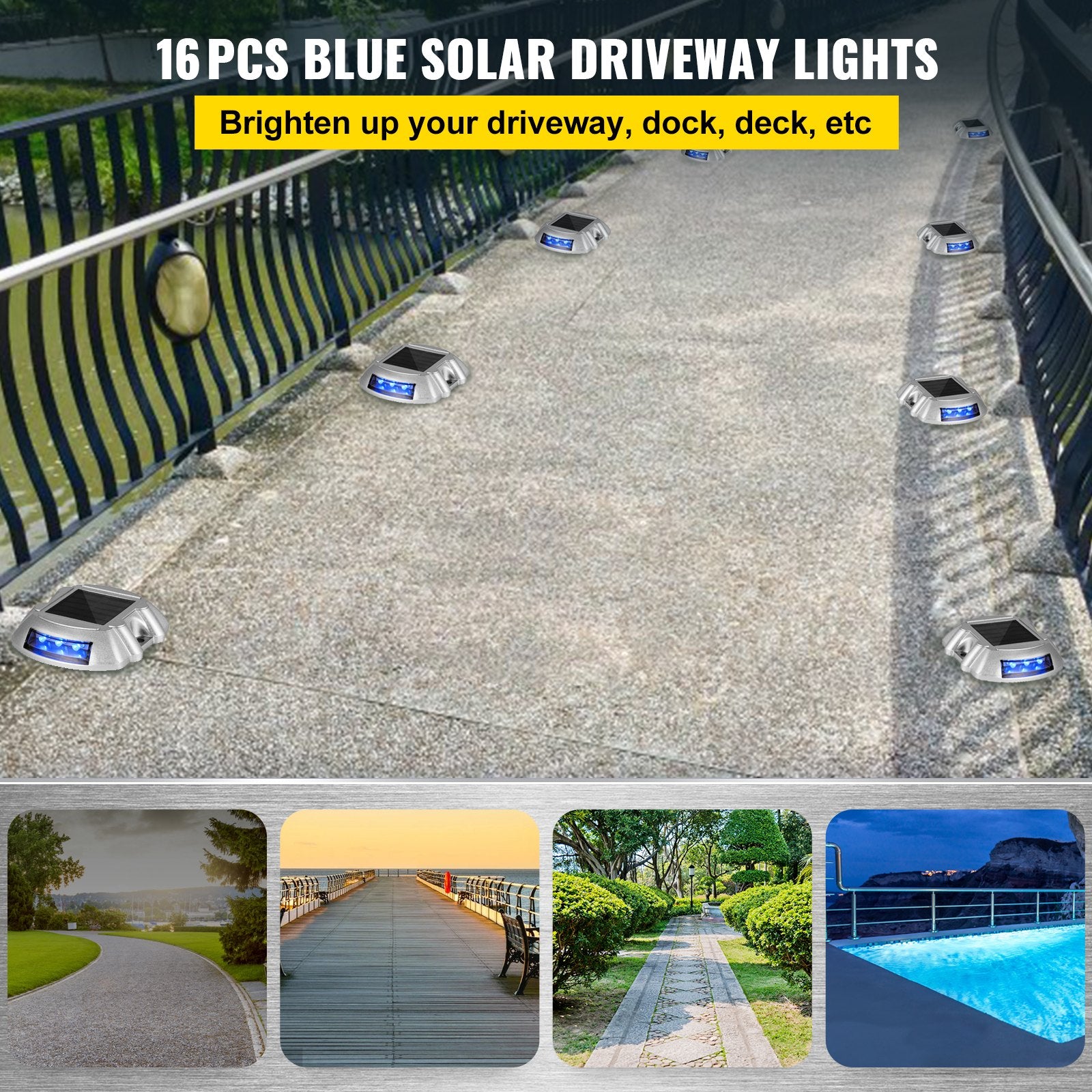 Driveway Lights 16-Pack, Solar Driveway Lights with Switch Button, Solar Deck Lights Waterproof, Wireless Dock Lights 6 LEDs for Path Warning Garden Walkway Sidewalk Steps, LED Bright Blue