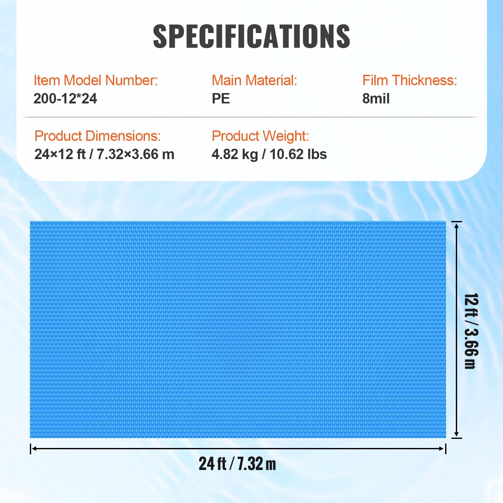 24 x 12 ft Solar Pool Cover 8 Mil Rectangle Solar Blanket Blue