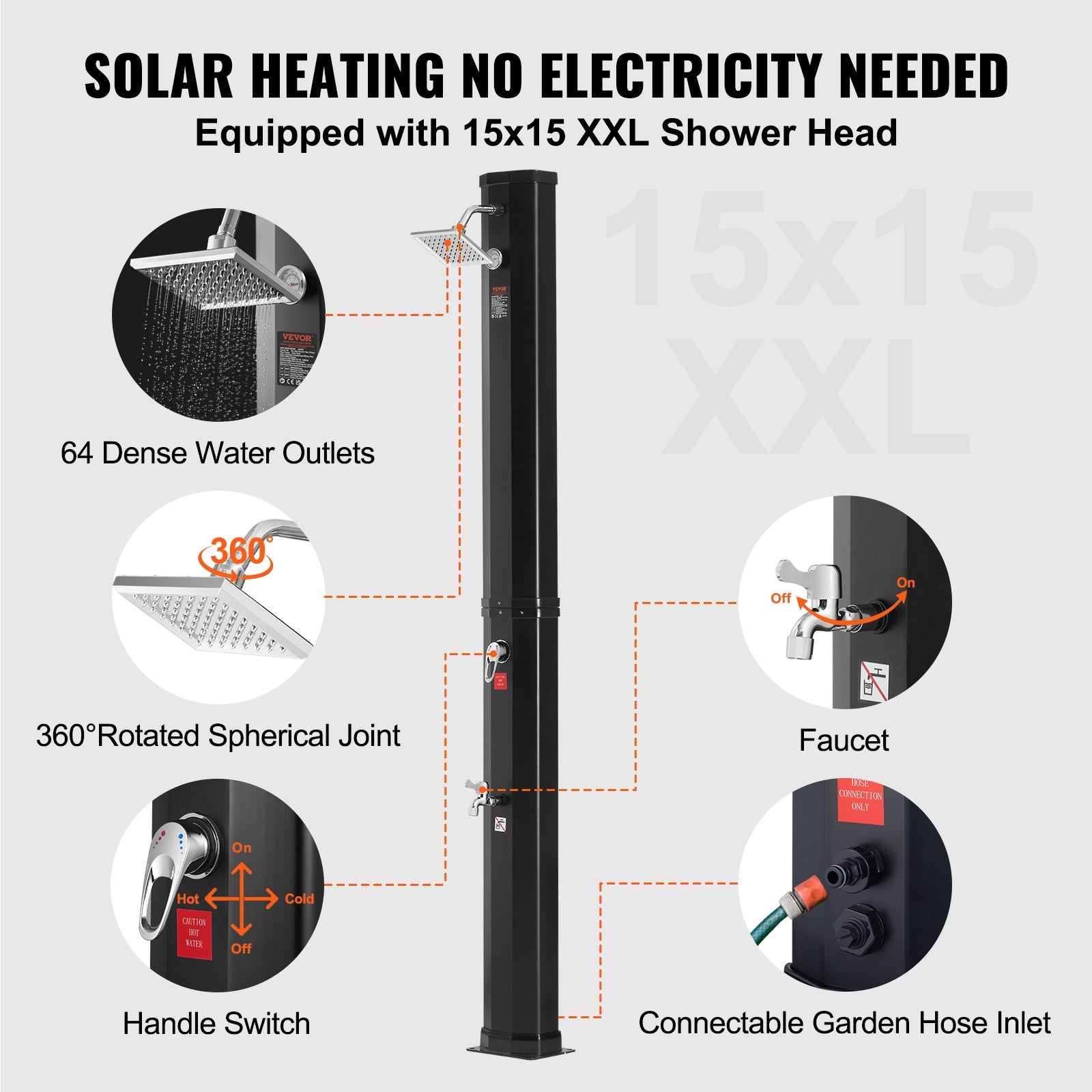 VEVOR Outdoor Solar Heated Shower, 35L Poolside Shower Kit with Shower Head and Foot Shower Tap, Double Buckle Fast Assembly W/ Pre-Drilled Holes for Outdoor Backyard Poolside Beach Spa
