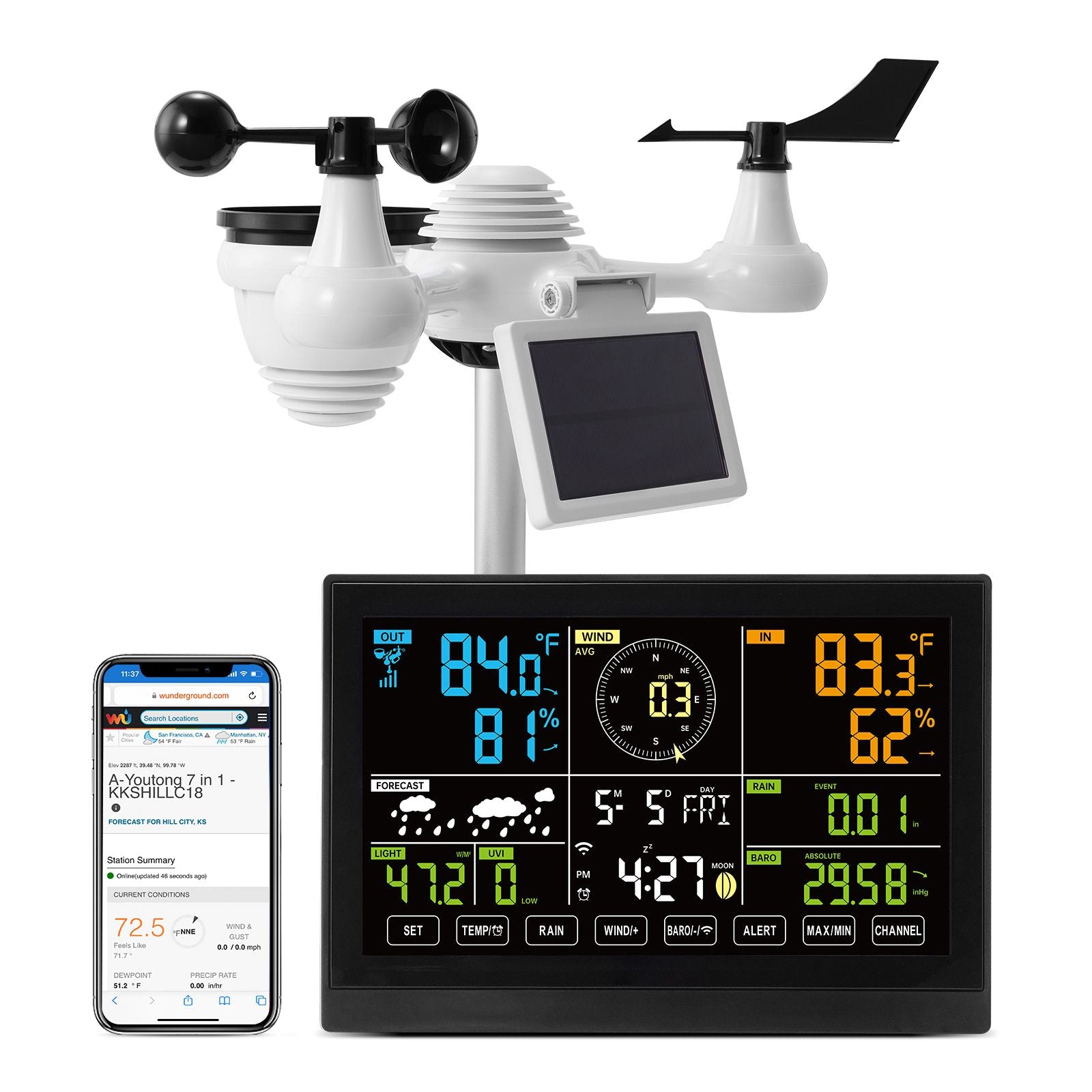 7‑in‑1 Wi‑Fi Weather Station – Solar Sensor, 7.5" Display, Indoor/Outdoor