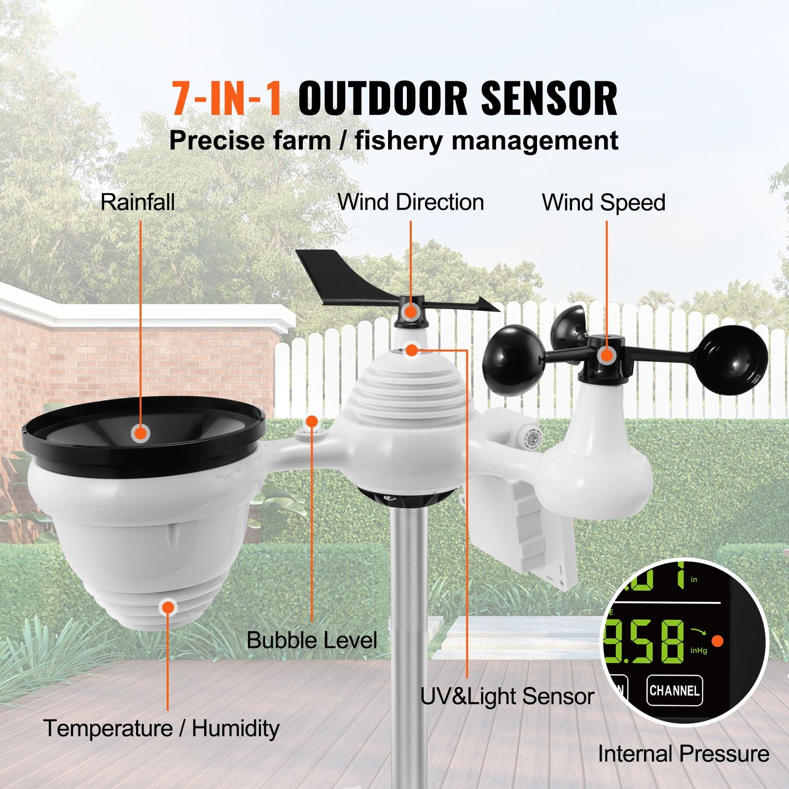 7‑in‑1 Wi‑Fi Weather Station – Solar Sensor, 7.5" Display, Indoor/Outdoor