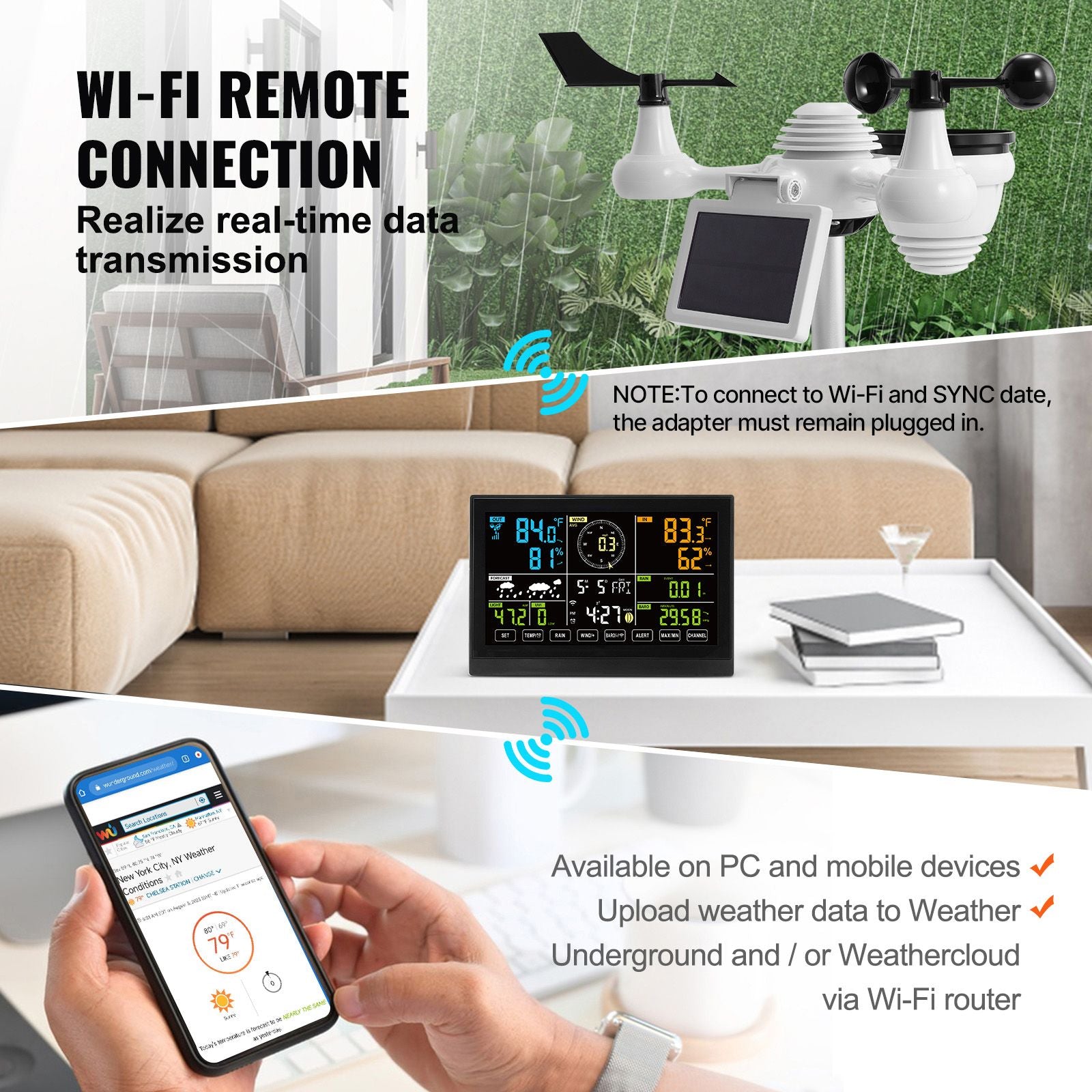 7‑in‑1 Wi‑Fi Weather Station – Solar Sensor, 7.5" Display, Indoor/Outdoor