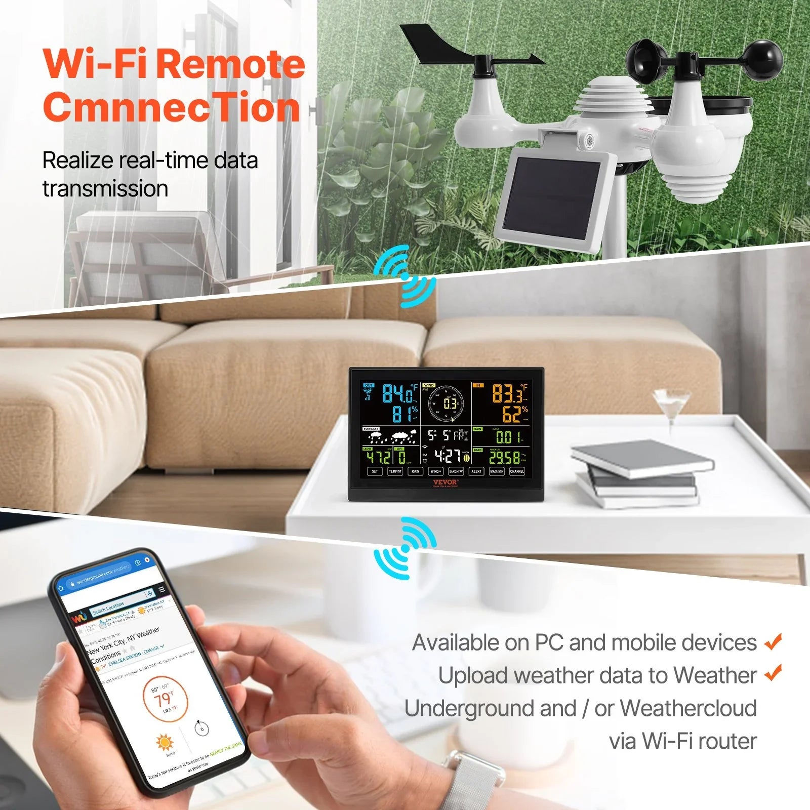 7-in-1 Wi-Fi Weather Station, 7.5 in Color Display, Home Weather Station Indoor Outdoor, with Solar Wireless Outdoor Sensor  Alarm Alerts, for Temperature Humidity Wind Speed/Direction Rain