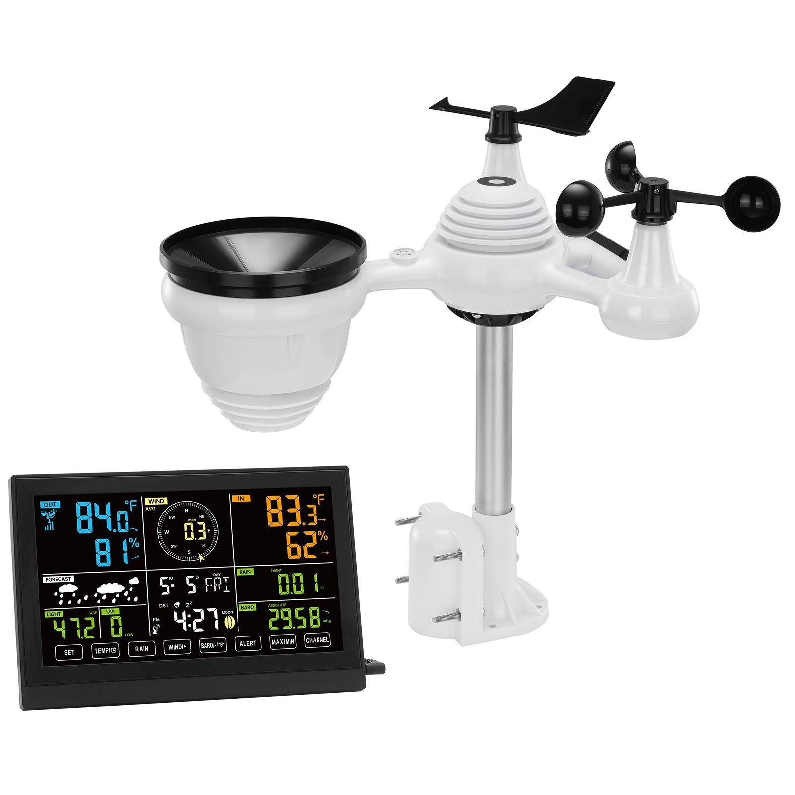 7-in-1 Wireless Weather Station with 7.5" Color Display Outdoor Sensor