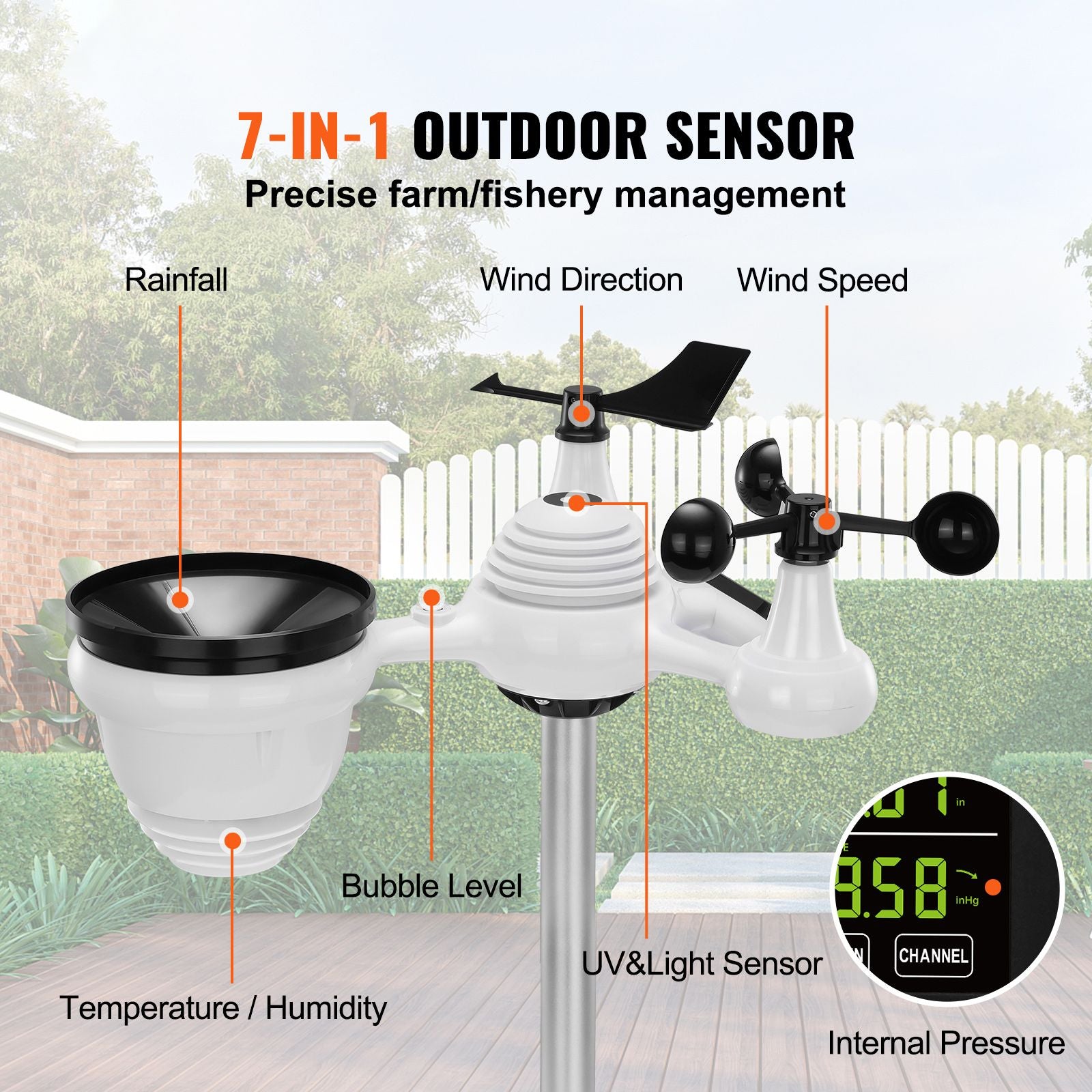 7-in-1 Wireless Weather Station with 7.5" Color Display Outdoor Sensor