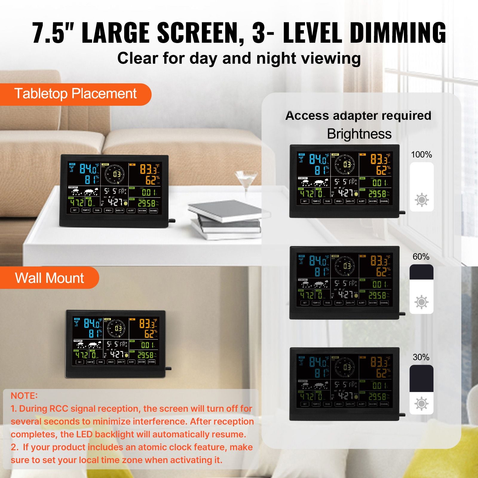 7-in-1 Wireless Weather Station with 7.5" Color Display Outdoor Sensor