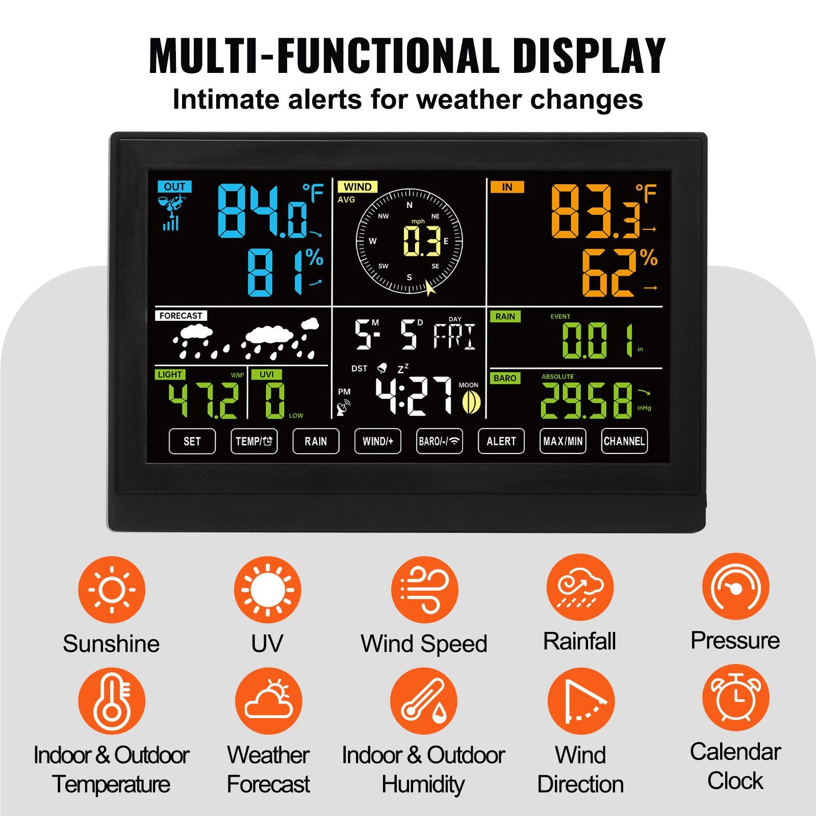 7-in-1 Wireless Weather Station with 7.5" Color Display Outdoor Sensor
