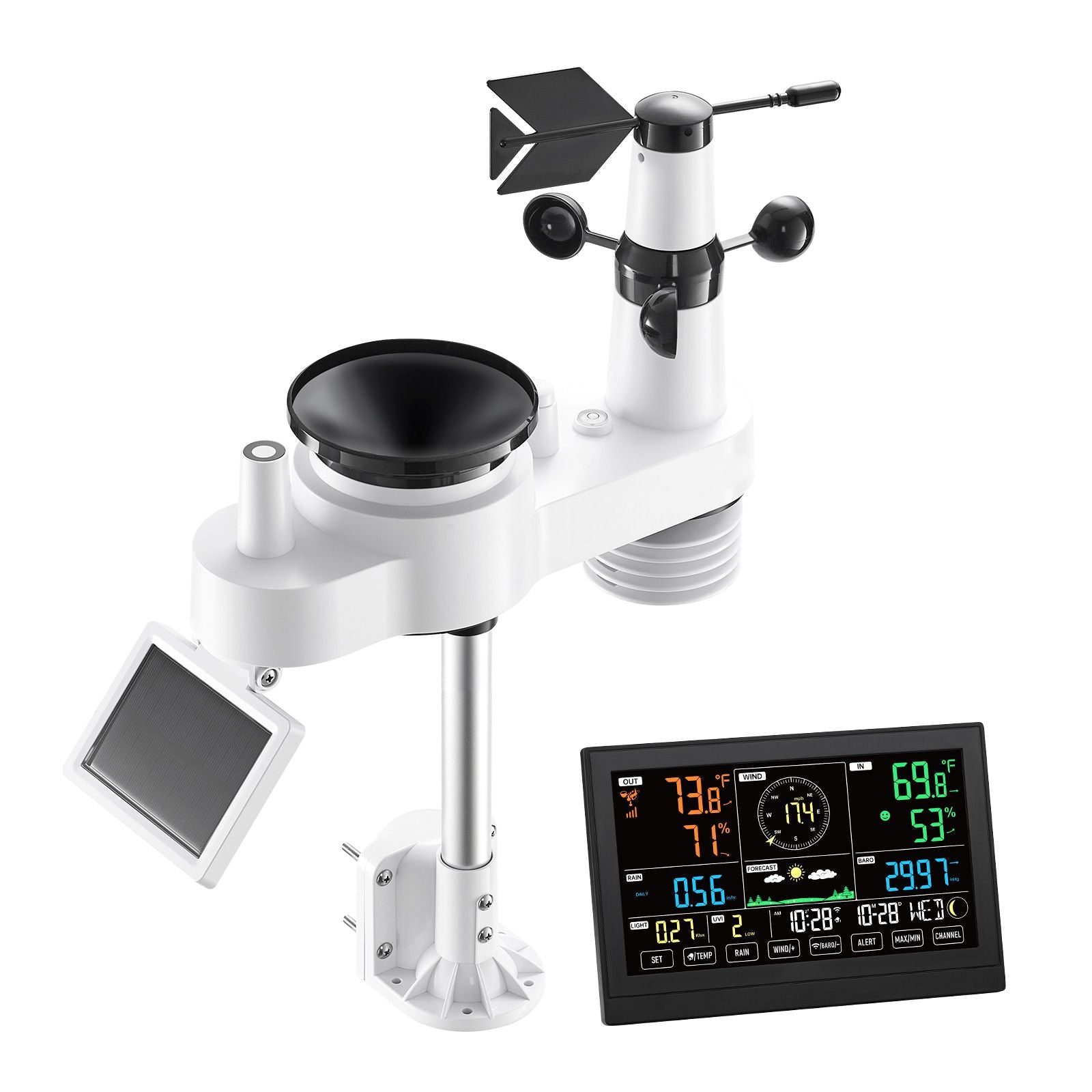 7-in-1 WiFi Weather Station Solar Sensor 7.5" Display App Rain Wind Temp