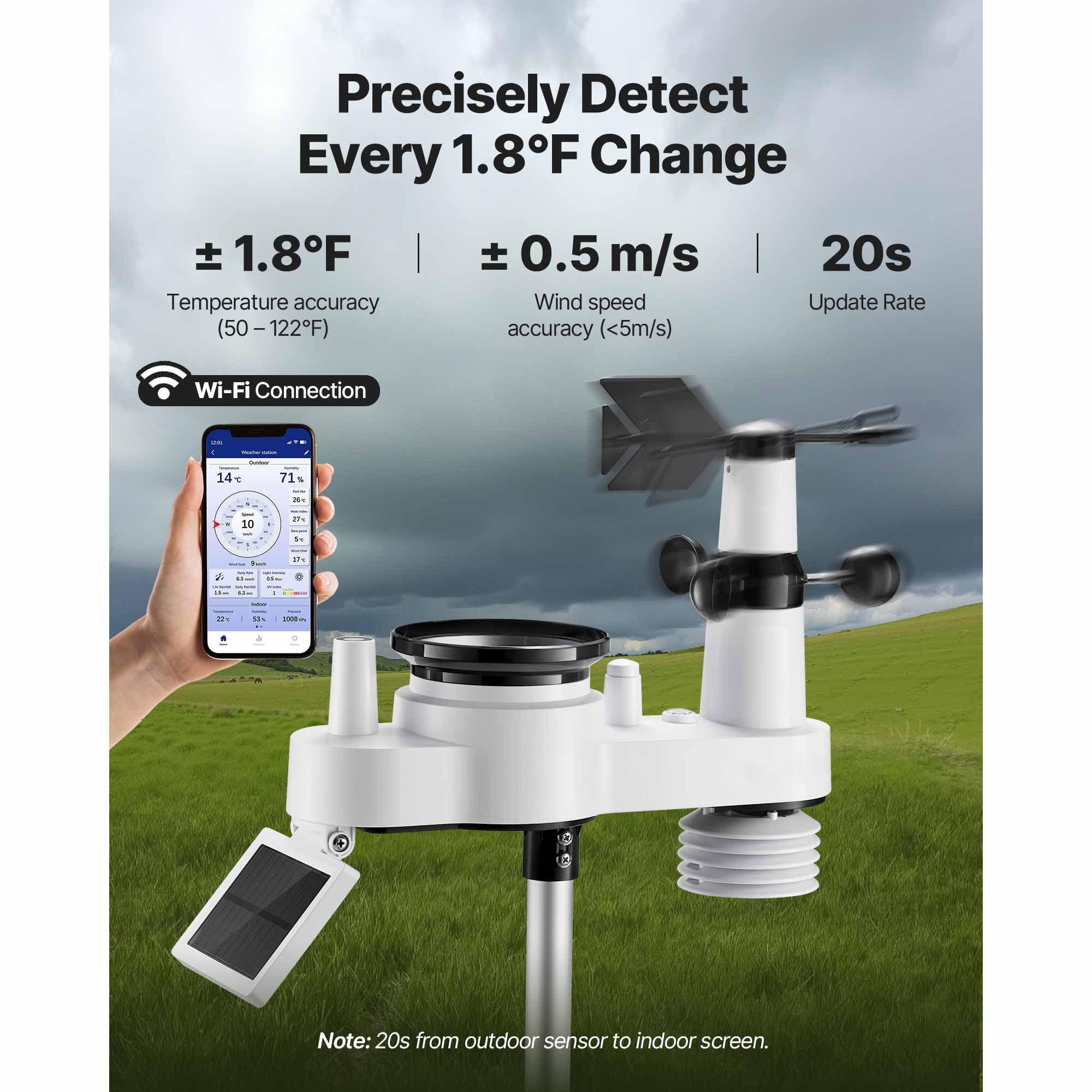 7-in-1 WiFi Weather Station Solar Sensor 7.5" Display App Rain Wind Temp