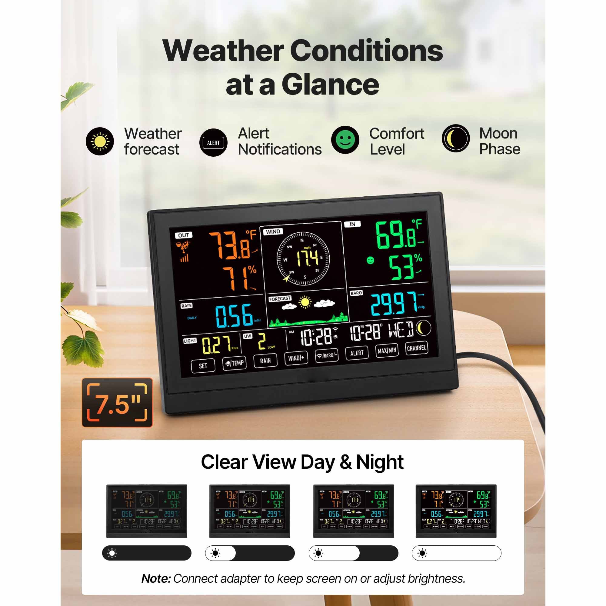 7-in-1 WiFi Weather Station Solar Sensor 7.5" Display App Rain Wind Temp