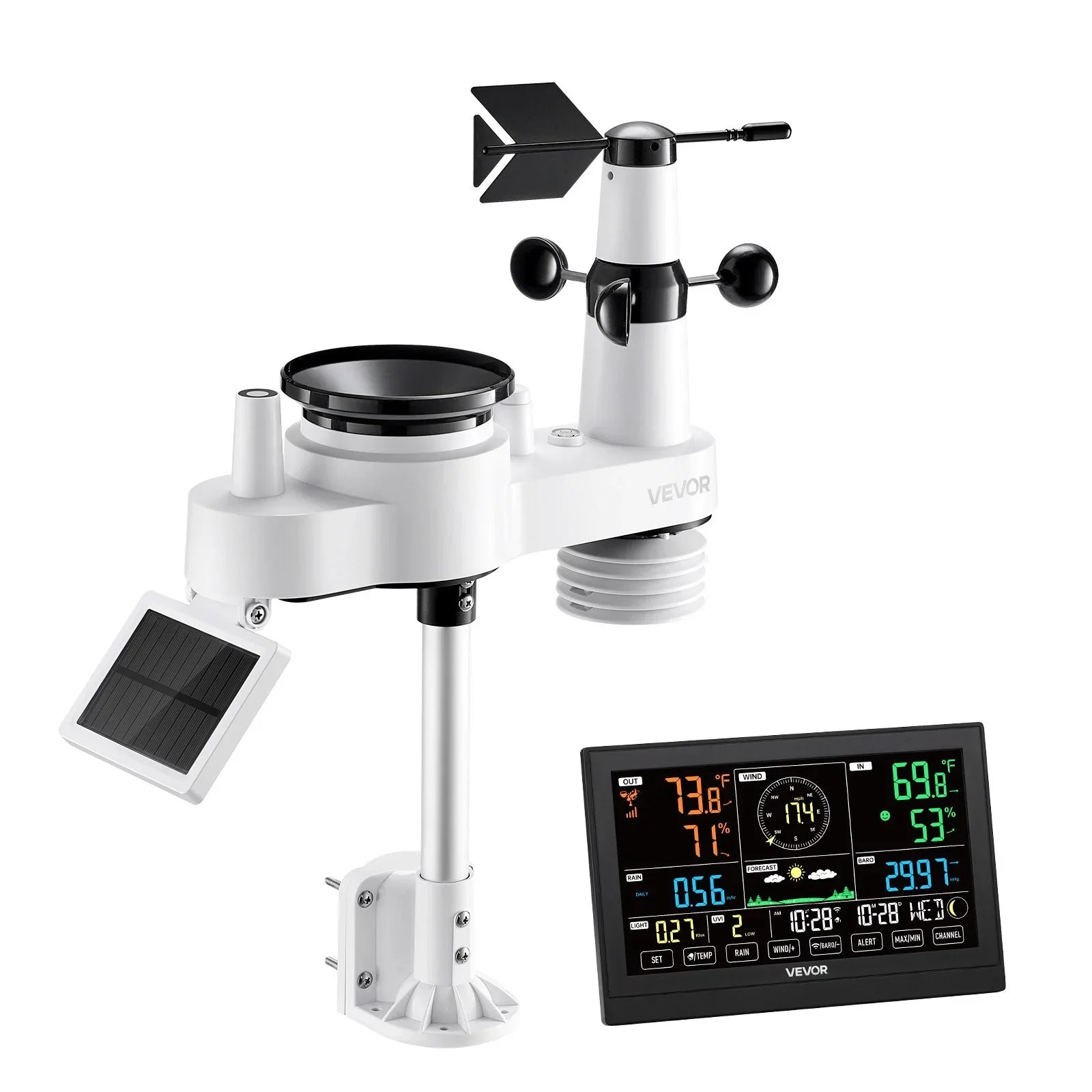 7-in-1 Wi-Fi Weather Station with APP, 190.5 mm VA Display, Wireless Solar Powered Outdoor Sensor, Rain Gauge, Indoor Outdoor for Weather Forecast, Wind Speed, Temperature, Humidity, Rainfall