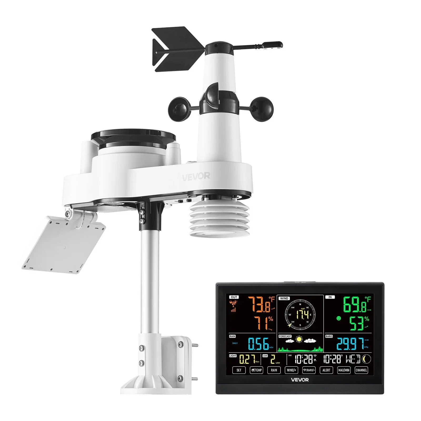 7-in-1 Wi-Fi Weather Station with APP, 190.5 mm VA Display, Wireless Solar Powered Outdoor Sensor, Rain Gauge, Indoor Outdoor for Weather Forecast, Wind Speed, Temperature, Humidity, Rainfall