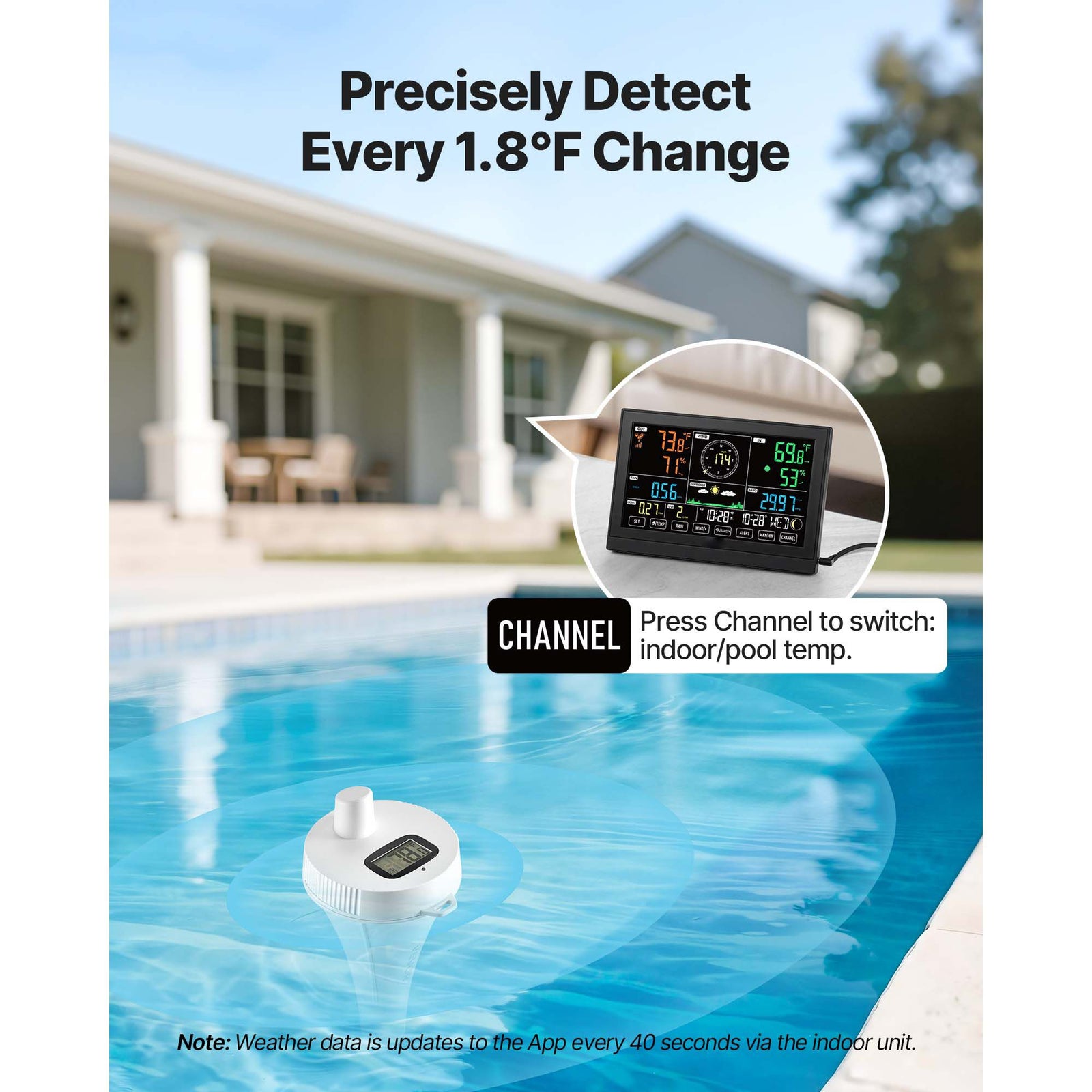 7-in-1 Wi-Fi Weather Station with APP, 190.5 mm Display, Wireless Solar Powered Outdoor Sensor, with Pool Thermometer, Rain Gauge, Indoor Outdoor for Weather Forecast Wind Speed Pool Temperature