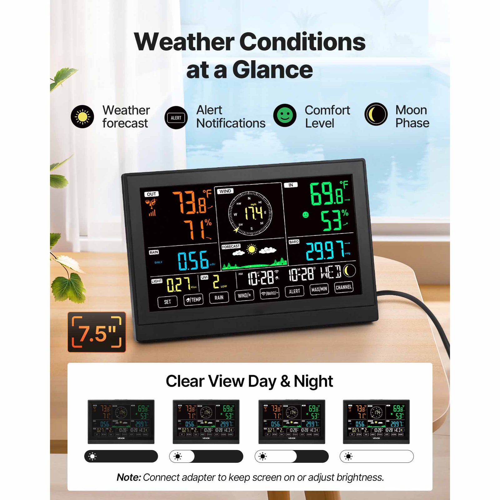 7-in-1 Wi-Fi Weather Station with APP, 190.5 mm Display, Wireless Solar Powered Outdoor Sensor, with Pool Thermometer, Rain Gauge, Indoor Outdoor for Weather Forecast Wind Speed Pool Temperature