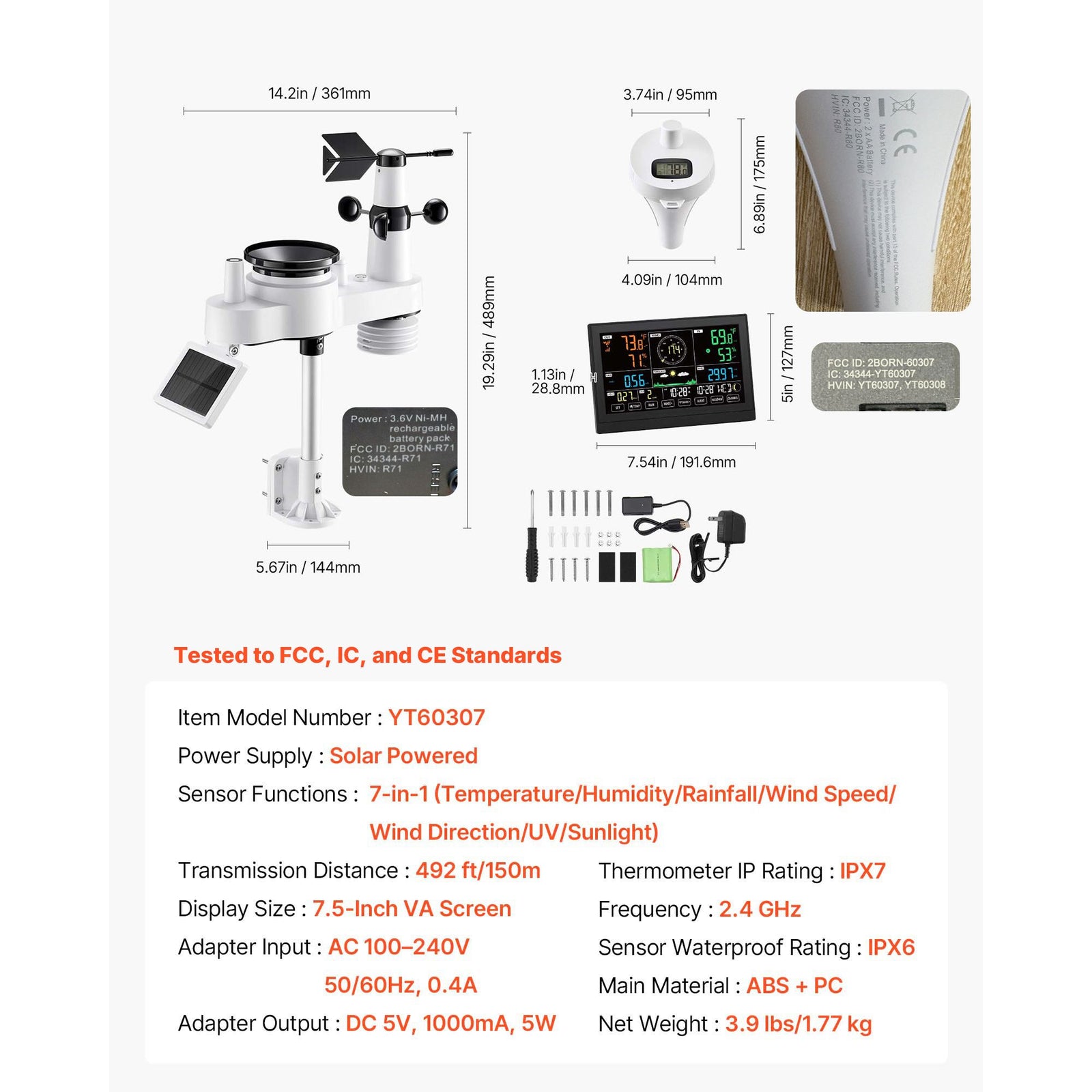 7-in-1 Wi-Fi Weather Station with APP, 190.5 mm Display, Wireless Solar Powered Outdoor Sensor, with Pool Thermometer, Rain Gauge, Indoor Outdoor for Weather Forecast Wind Speed Pool Temperature
