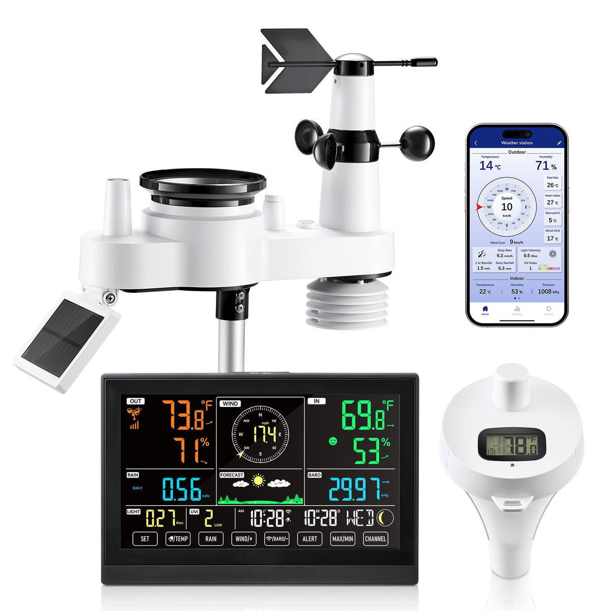 7-in-1 Wi-Fi Weather Station with APP, 190.5 mm Display, Wireless Solar Powered Outdoor Sensor, with Pool Thermometer, Rain Gauge, Indoor Outdoor for Weather Forecast Wind Speed Pool Temperature