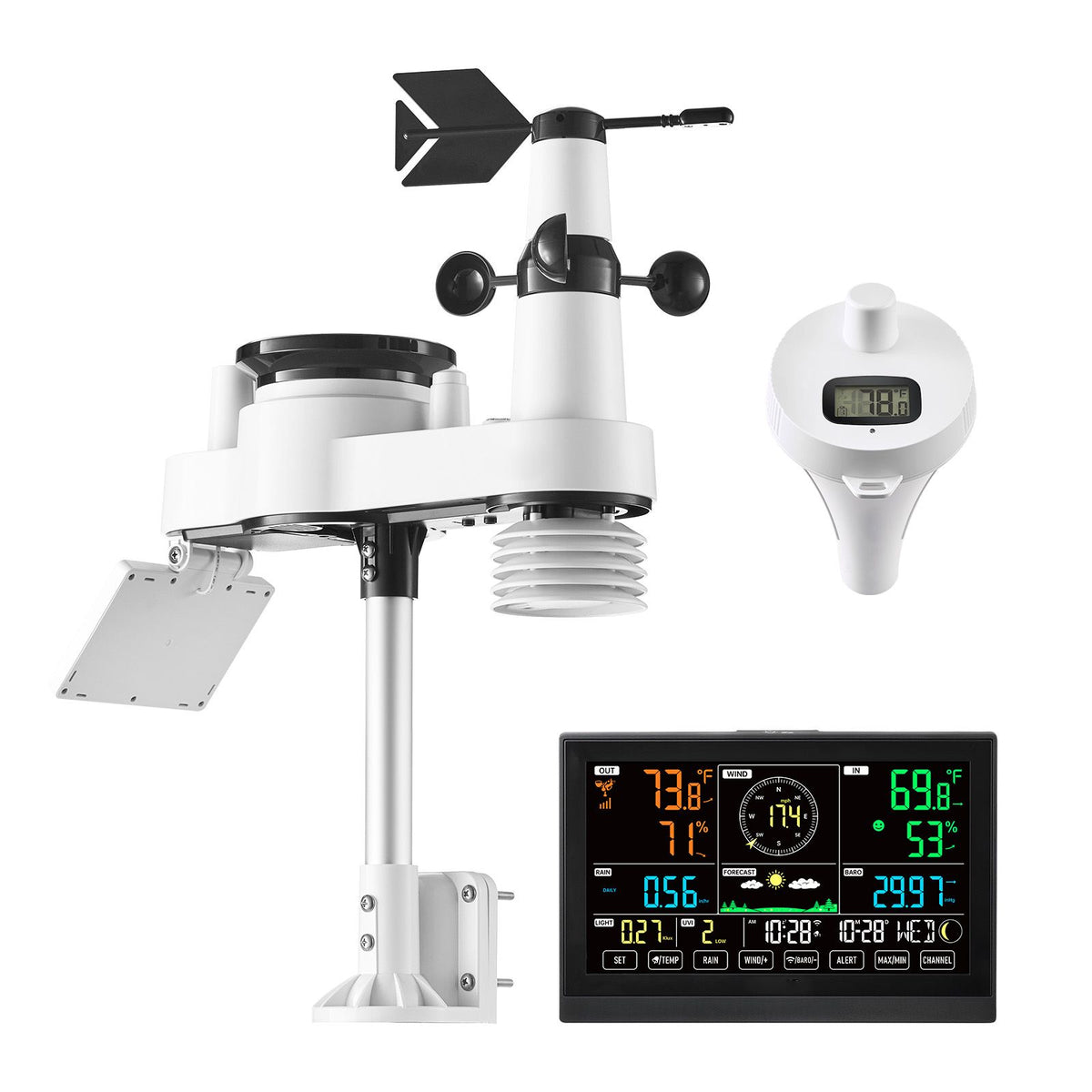 7-in-1 Wi-Fi Weather Station with APP, 190.5 mm Display, Wireless Solar Powered Outdoor Sensor, with Pool Thermometer, Rain Gauge, Indoor Outdoor for Weather Forecast Wind Speed Pool Temperature