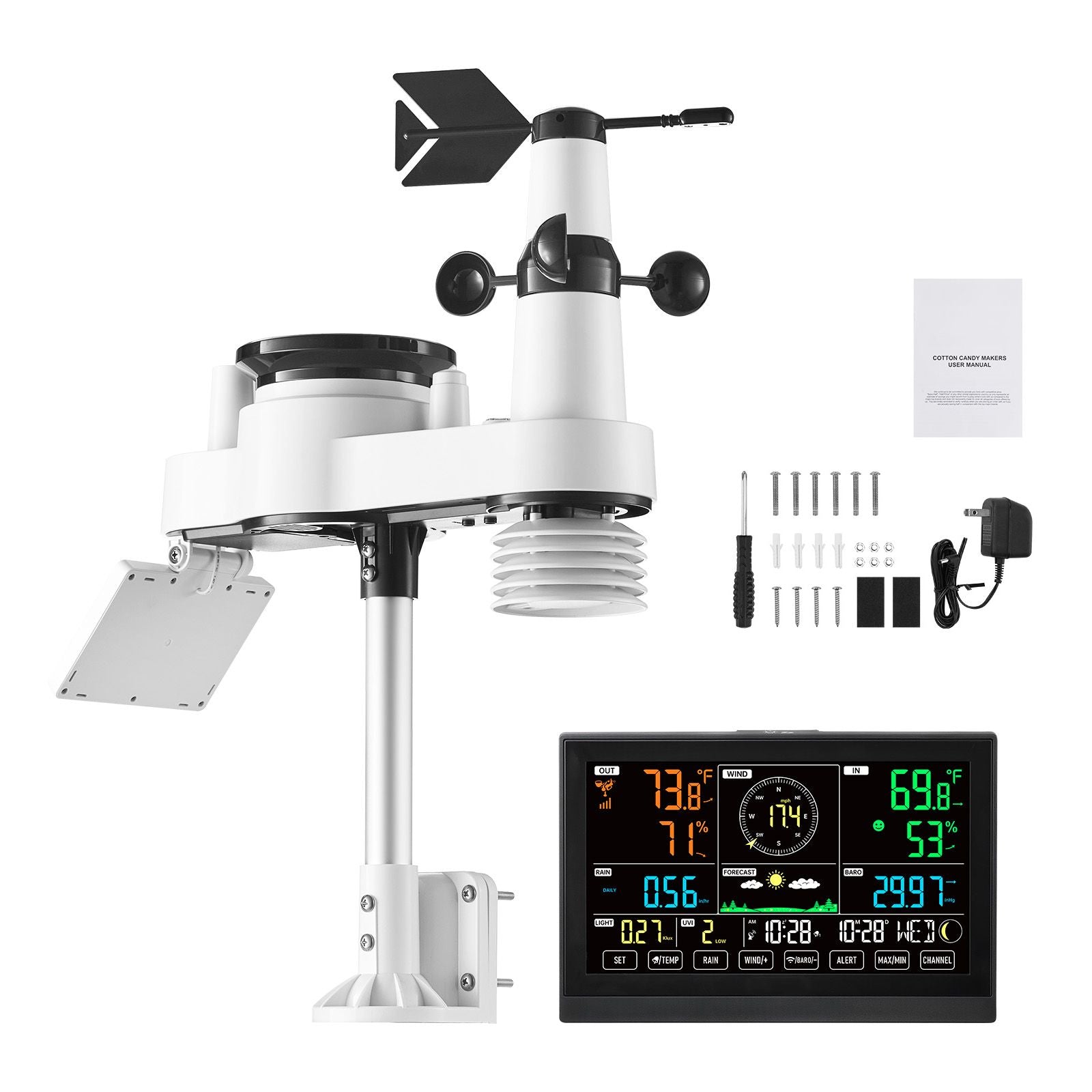 7-in-1 Wireless Weather Station Solar Sensor 7.5" Display Rain Wind Temp