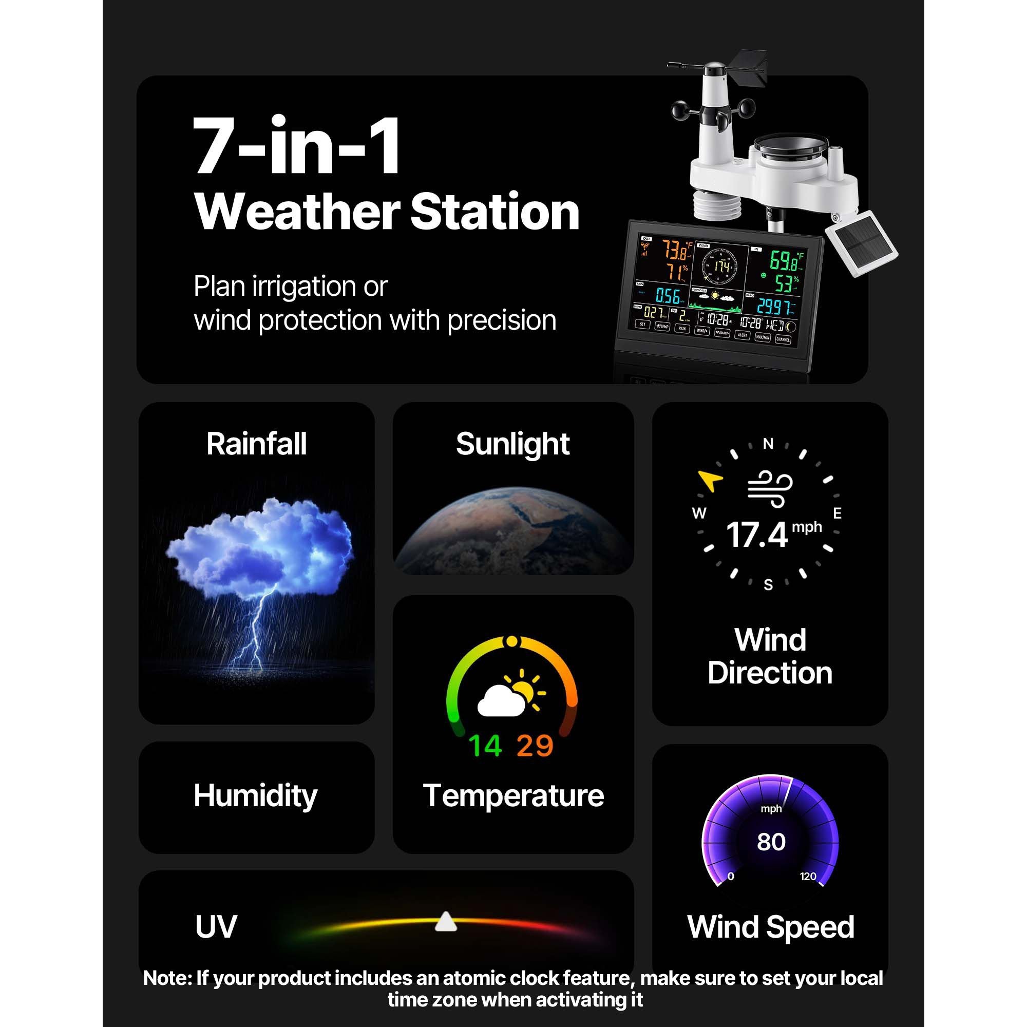 7-in-1 Wireless Weather Station Solar Sensor 7.5" Display Rain Wind Temp