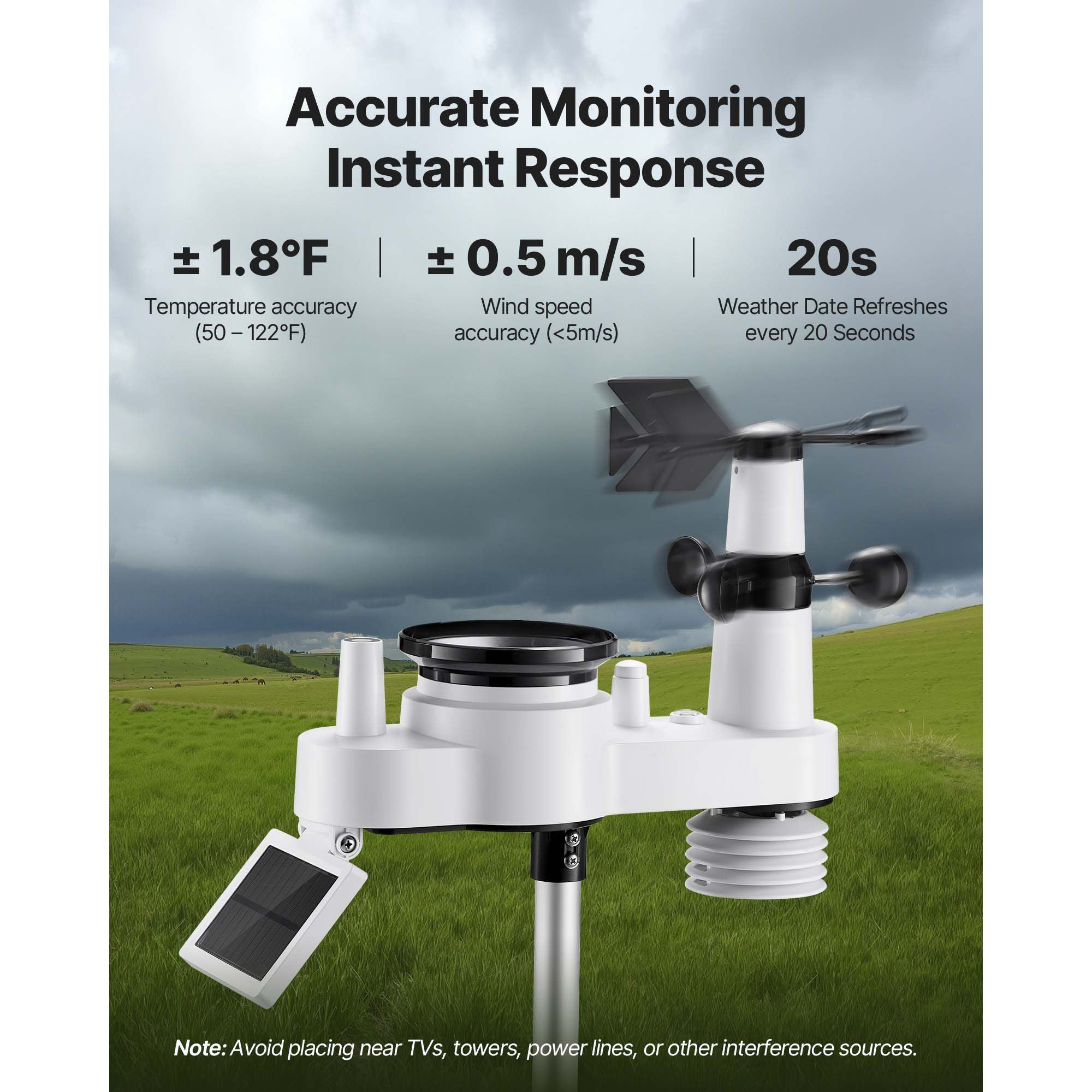 7-in-1 Wireless Weather Station Solar Sensor 7.5" Display Rain Wind Temp
