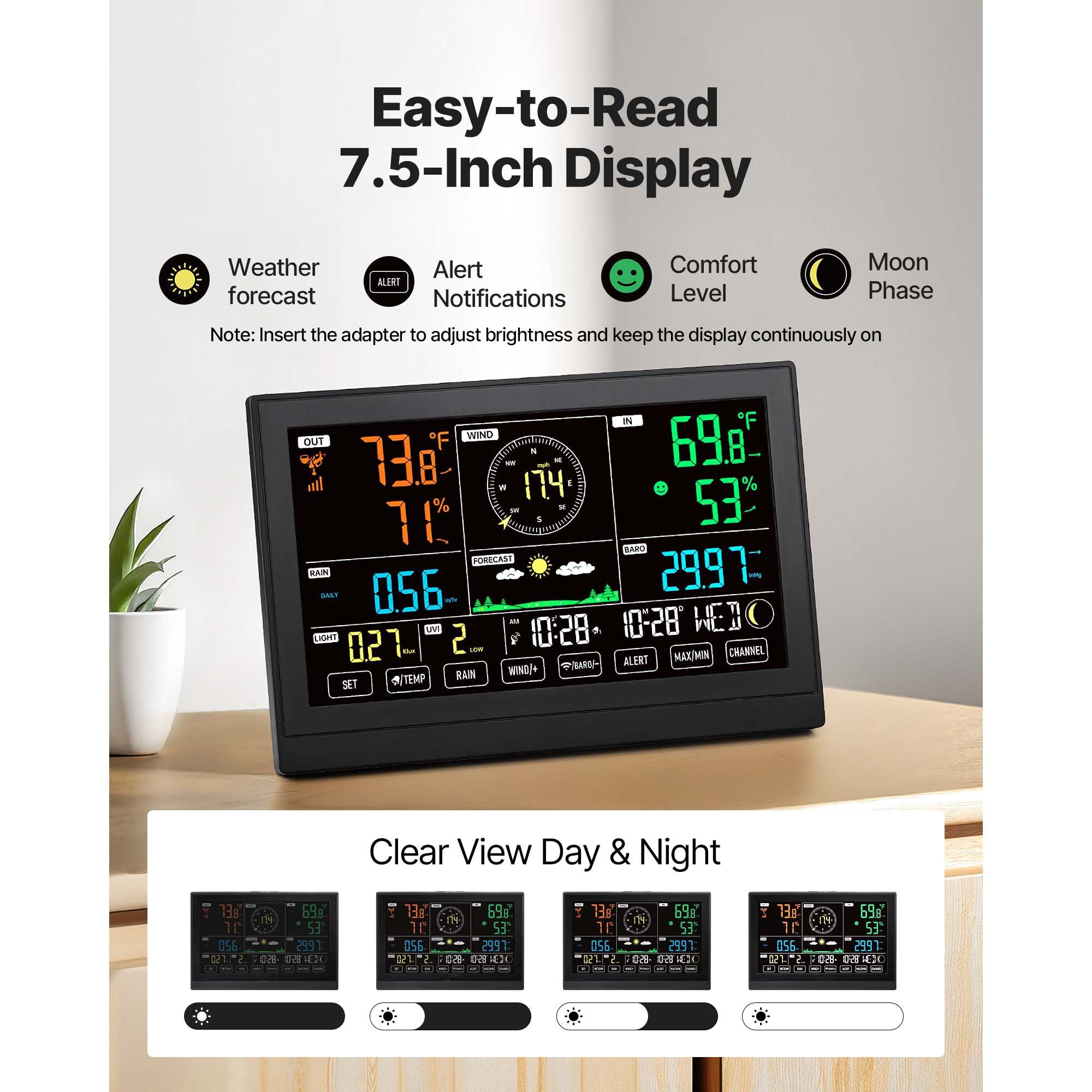 7-in-1 Wireless Weather Station Solar Sensor 7.5" Display Rain Wind Temp