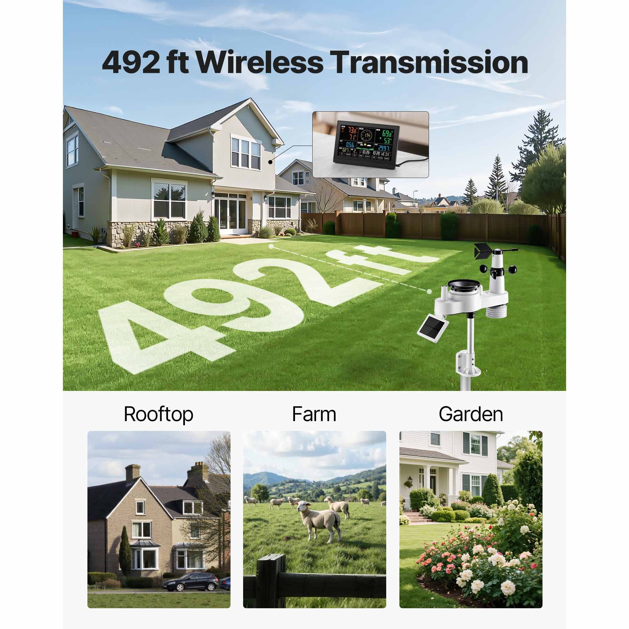 7-in-1 Wireless Weather Station Solar Sensor 7.5" Display Rain Wind Temp