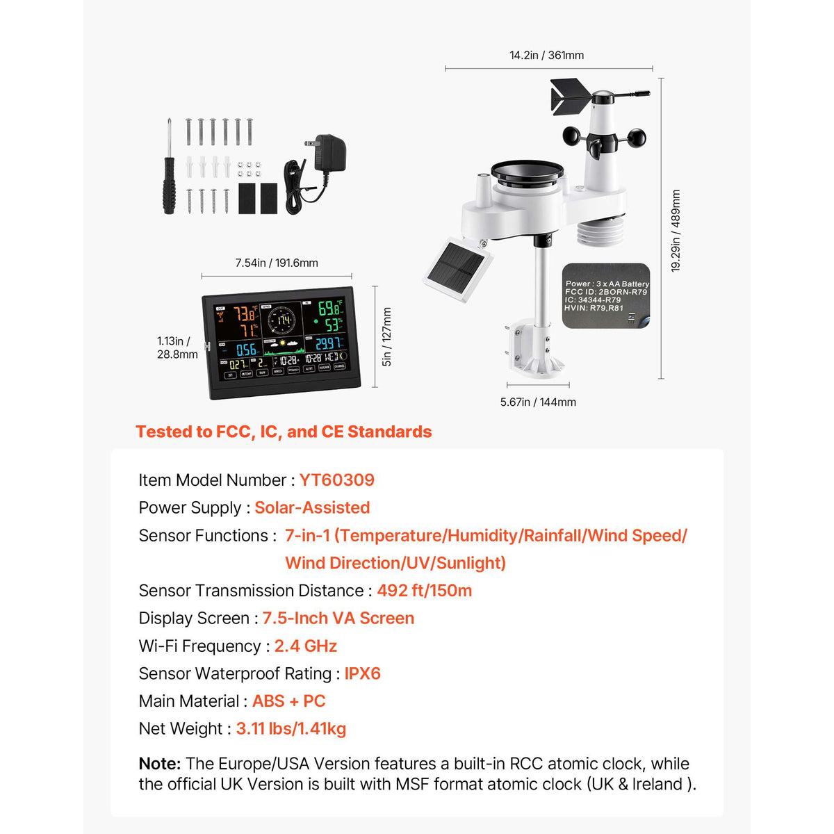 7-in-1 Wireless Weather Station Solar Sensor 7.5