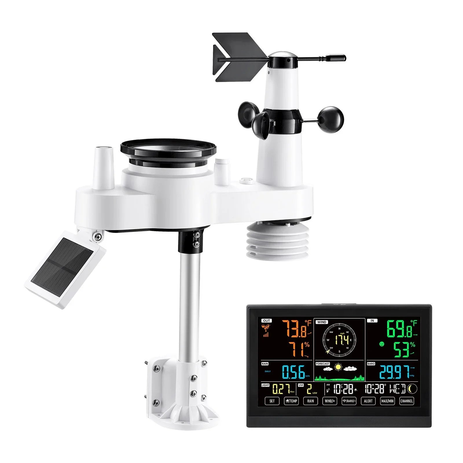 7-in-1 Wireless Weather Station, 190.5 mm VA Display, Solar Powered Outdoor Sensor, Rain Gauge, Indoor Outdoor for Weather Forecast, Temperature, Humidity, Wind Speed and Direction (No WiFi)