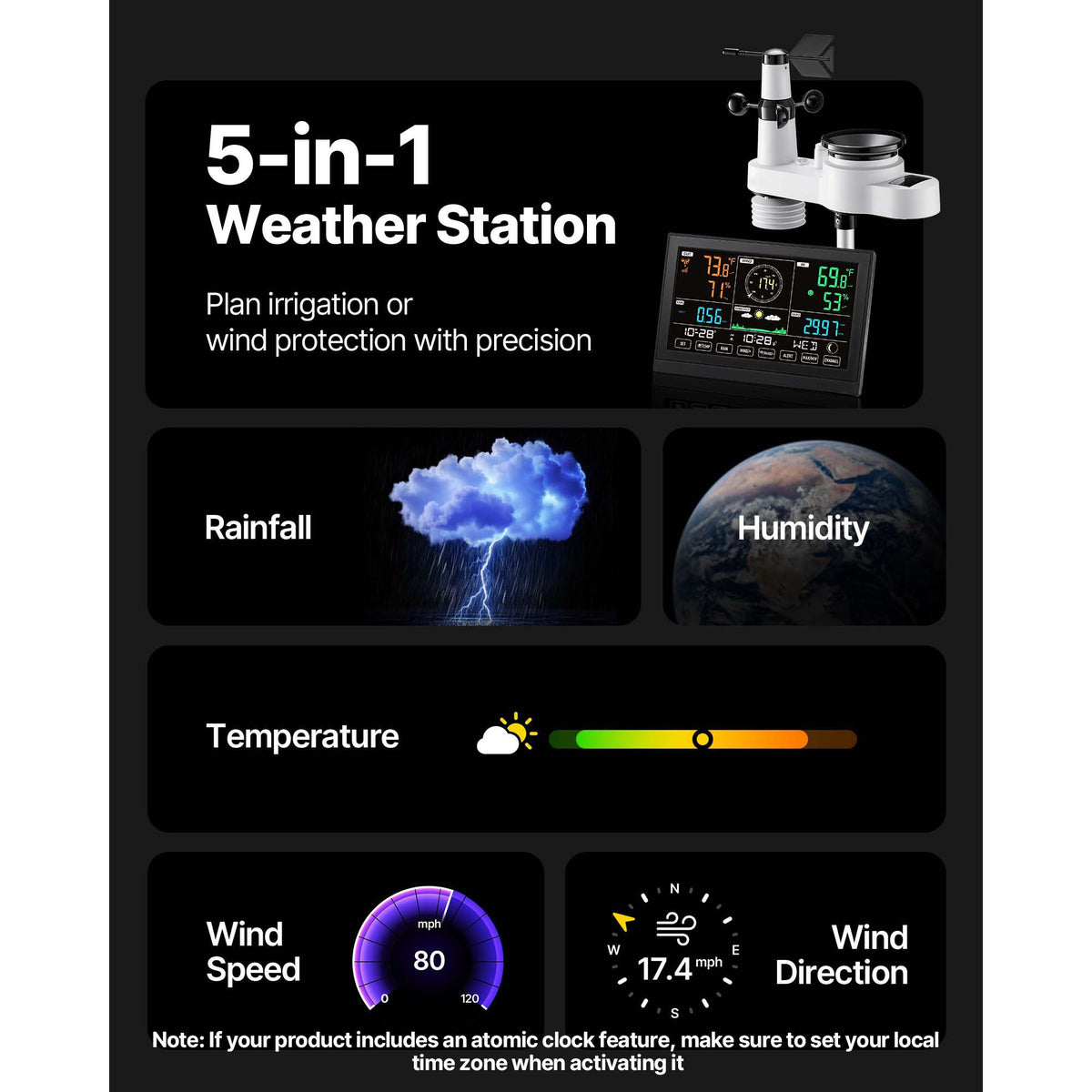 5-in-1 Wireless Weather Station, 190.5 mm VA Display, Solar Powered Outdoor Sensor, Rain Gauge, Indoor Outdoor for Weather Forecast, Temperature, Humidity, Wind Speed and Direction (No WiFi)