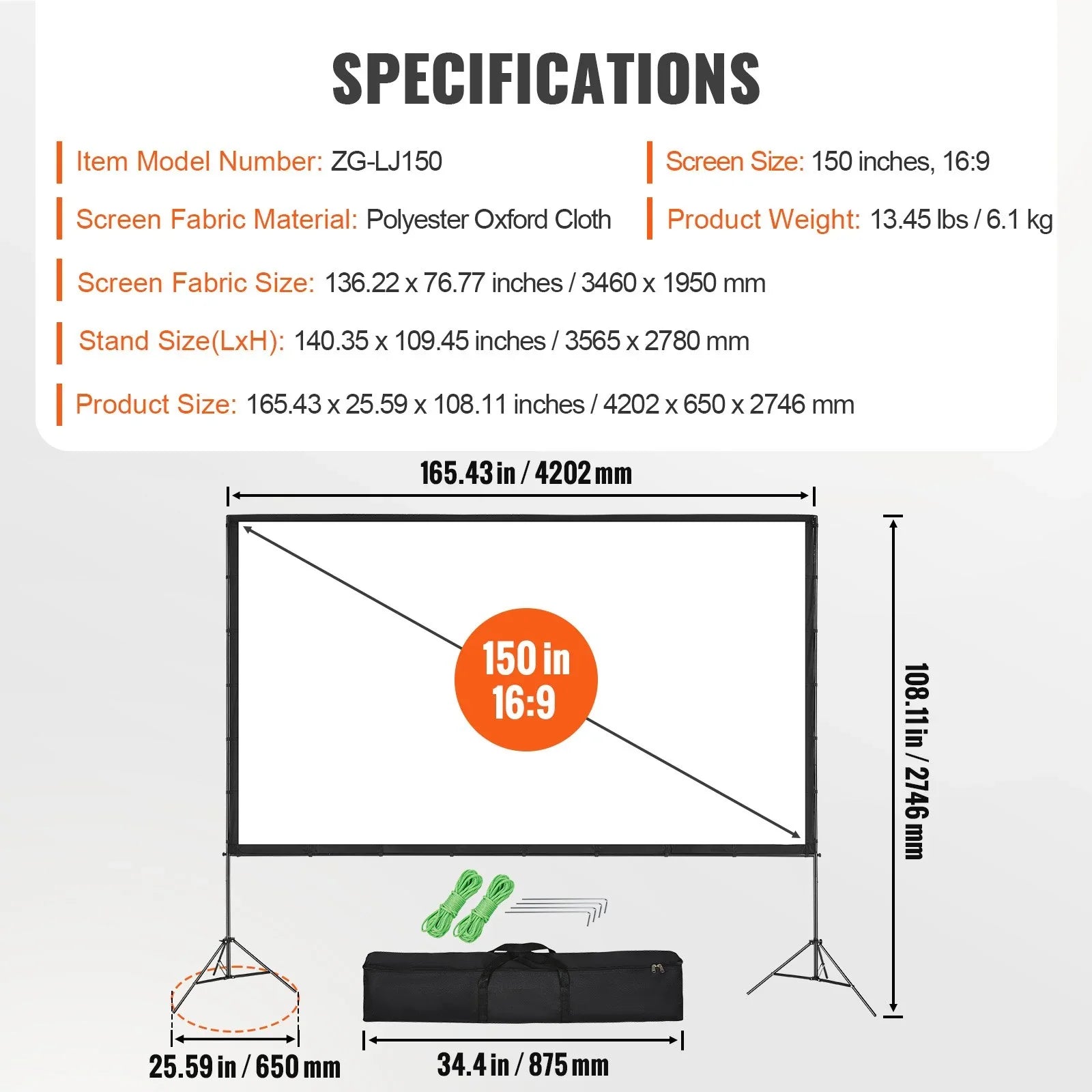 Projector Screen with Stand, 150 inch 16:9 4K 1080 HD Outdoor Movie Screen with Stand, Wrinkle-Free Projection Screen with Tripods and Carry Bag, for Home Theater Cinema Backyard Movie Night