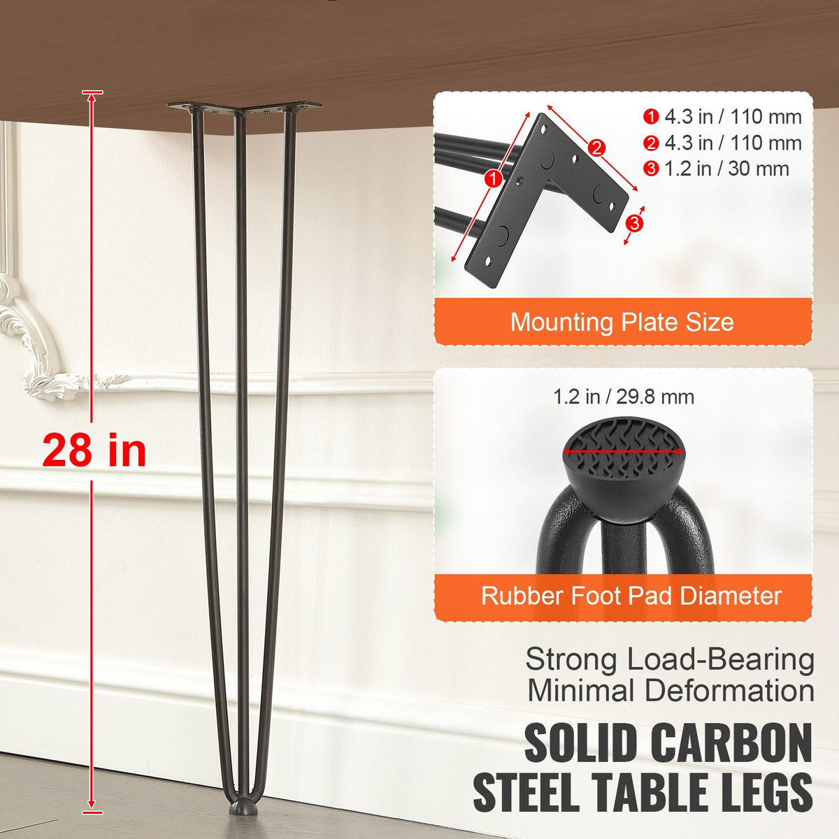 Set of 4 Hairpin Table Legs 28in Heavy Duty Steel Desk Legs 408kg Capacity