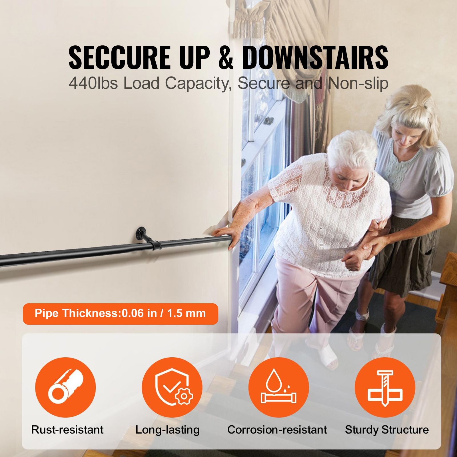 1.8m Pipe Stair Handrail Carbon Steel 200kg Wall Mounted Matte Black
