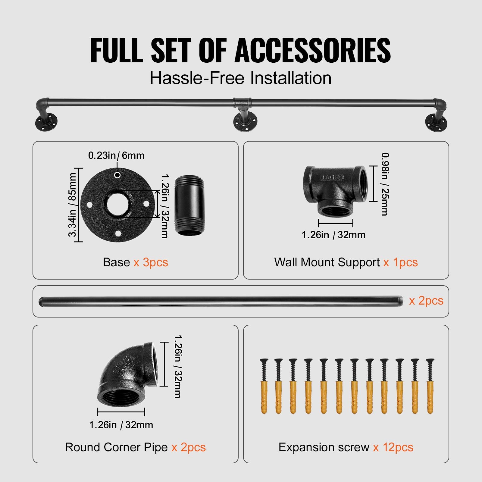 1.8m Pipe Stair Handrail Carbon Steel 200kg Wall Mounted Matte Black