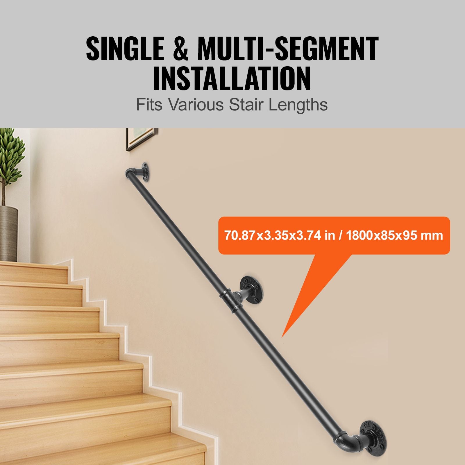 1.8m Pipe Stair Handrail Carbon Steel 200kg Wall Mounted Matte Black